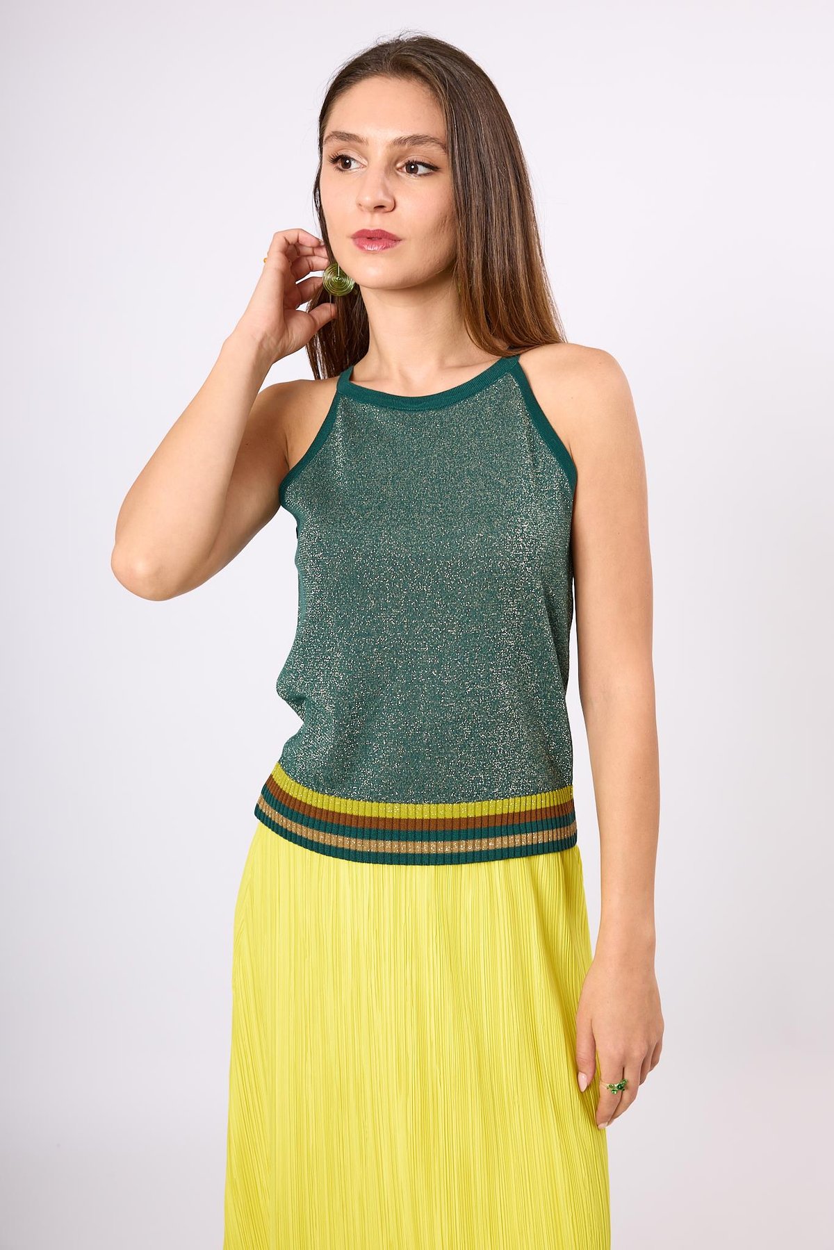 Peraluna Delight Halter Yaka Çizgili Simli Kadın Triko Bluz - Zümrüt Multi