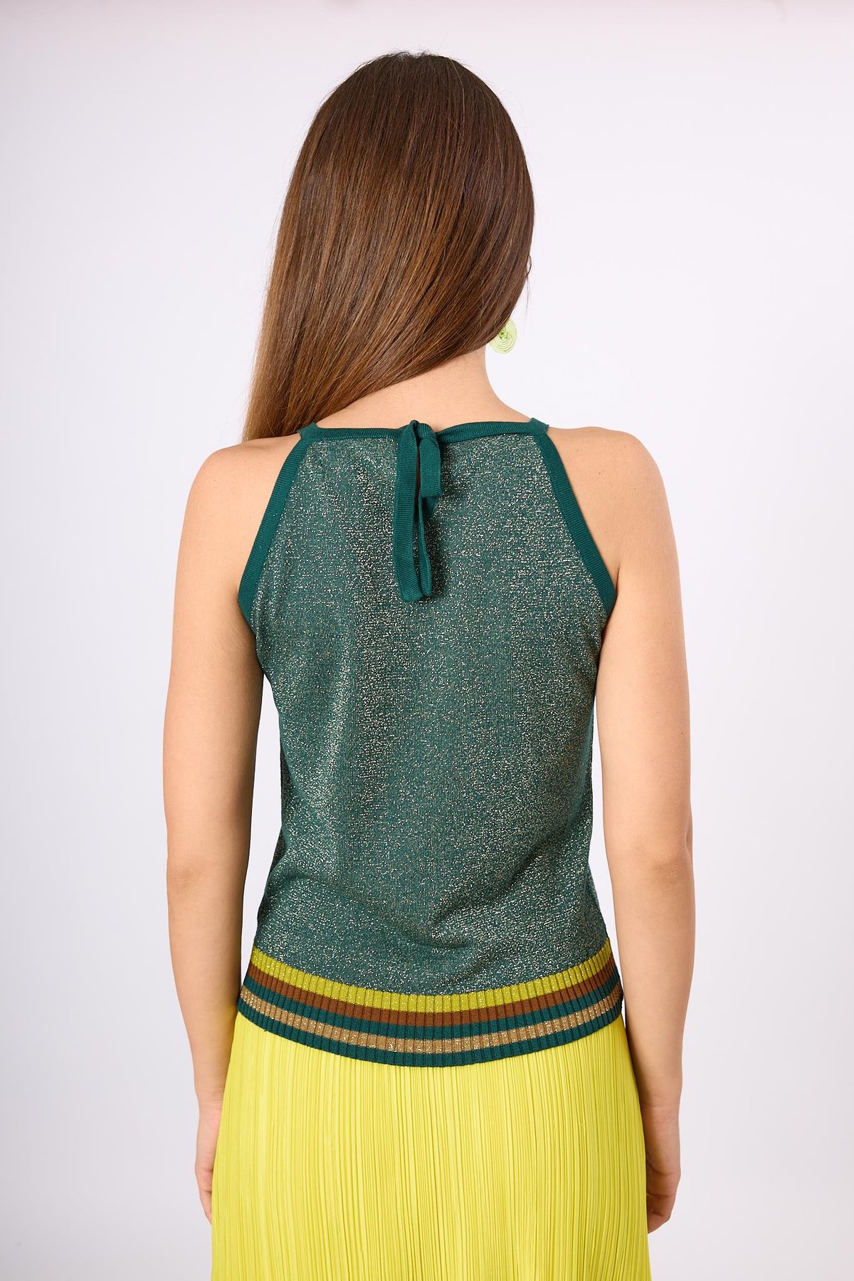 Peraluna Delight Halter Yaka Çizgili Simli Kadın Triko Bluz - Zümrüt Multi