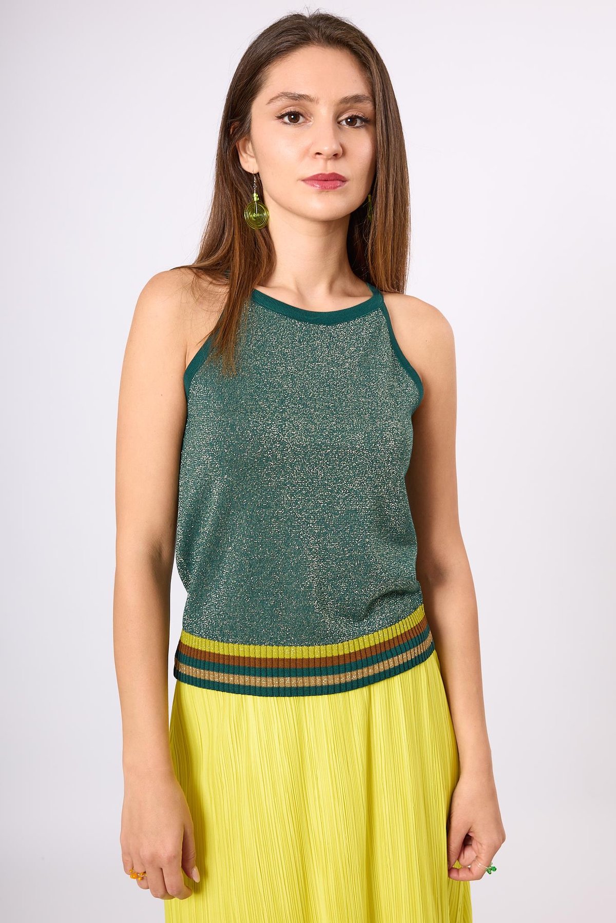 Peraluna Delight Halter Yaka Çizgili Simli Kadın Triko Bluz - Zümrüt Multi