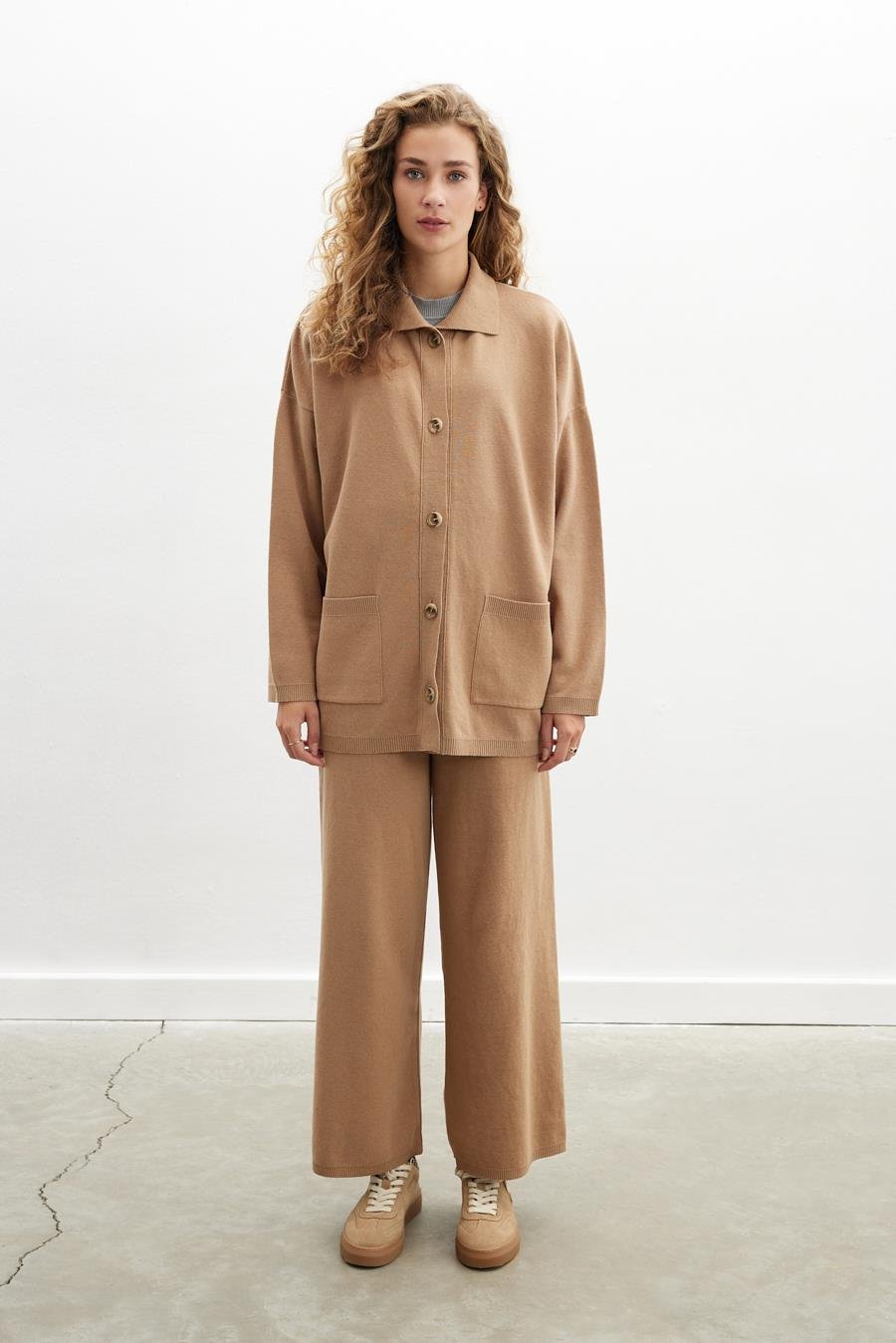 Peraluna DENISE CARDIGAN Polo Yaka Geniş Kesim Pamuk-Yün Kadın Triko Hırka - Camel