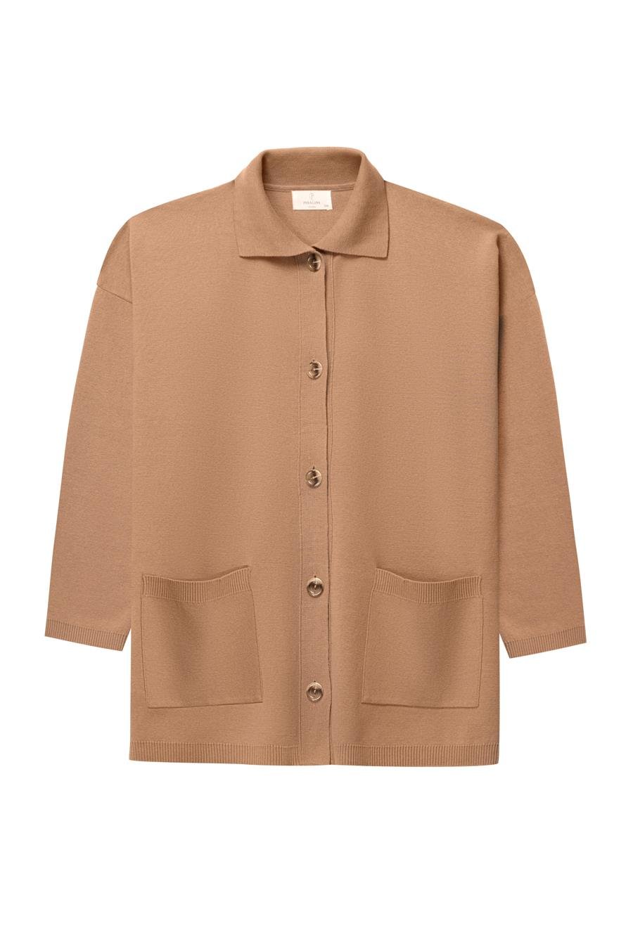 Peraluna DENISE CARDIGAN Polo Yaka Geniş Kesim Pamuk-Yün Kadın Triko Hırka - Camel
