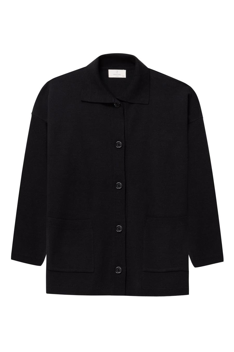 Peraluna DENISE CARDIGAN Polo Yaka Geniş Kesim Pamuk-Yün Kadın Triko Hırka - Siyah