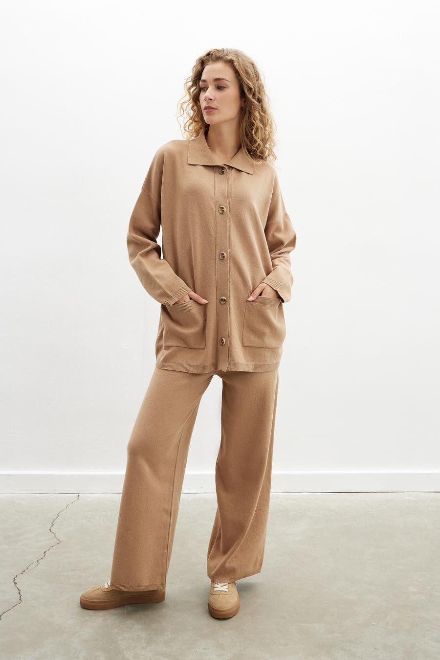 Peraluna DENISE CARDIGAN Polo Yaka Geniş Kesim Pamuk-Yün Kadın Triko Hırka - Camel