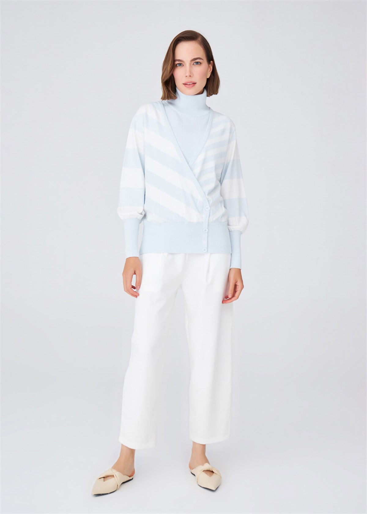 Peraluna Deep V-Neck Draped Ruffled Sleeves Women's Knitwear Sweater - Blue/Ecru