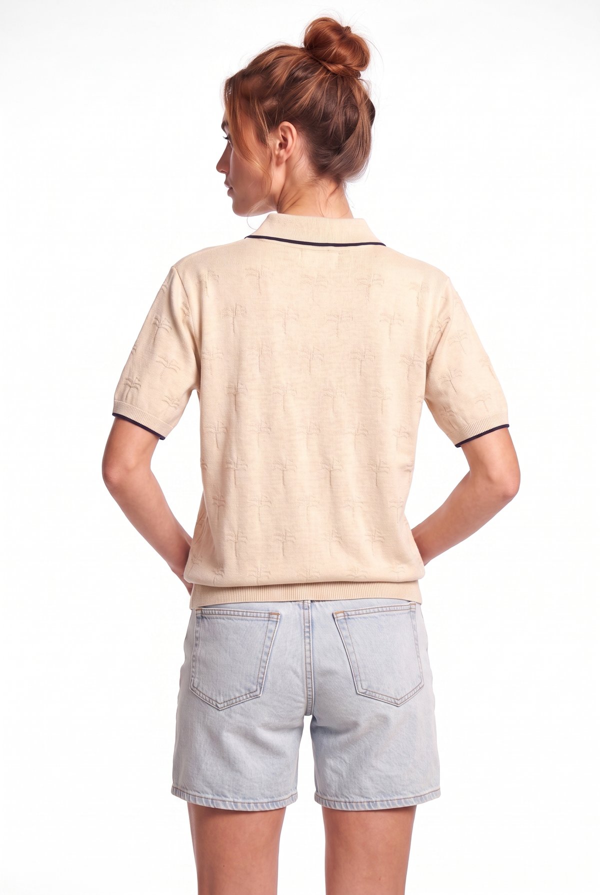 Peraluna Desert Palm Polo, Palmiye Desenli Polo Yaka Triko Tişört - Krem