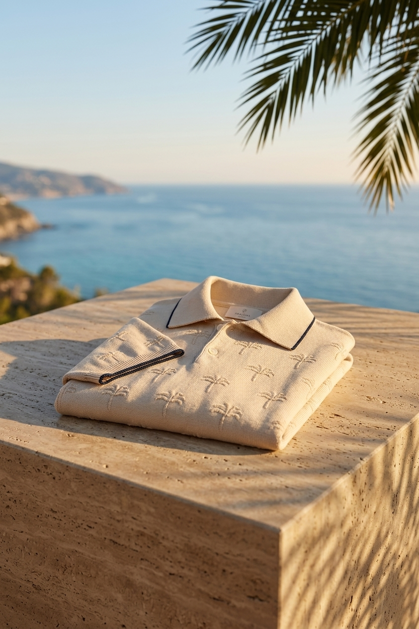 Peraluna Desert Palm Polo, Palmiye Desenli Polo Yaka Triko Tişört - Krem