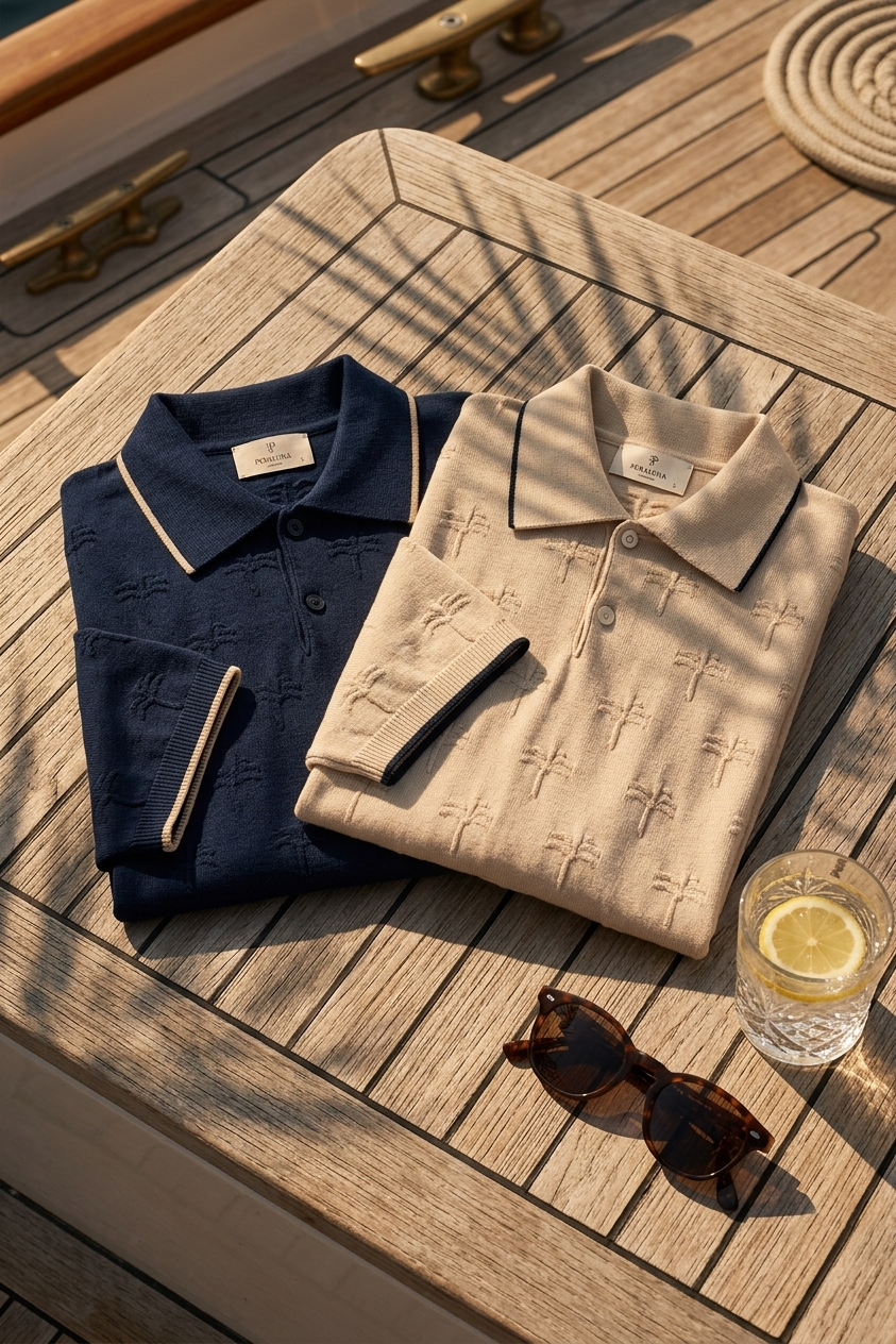 Peraluna Desert Palm Polo, Palmiye Desenli Polo Yaka Triko Tişört - Krem