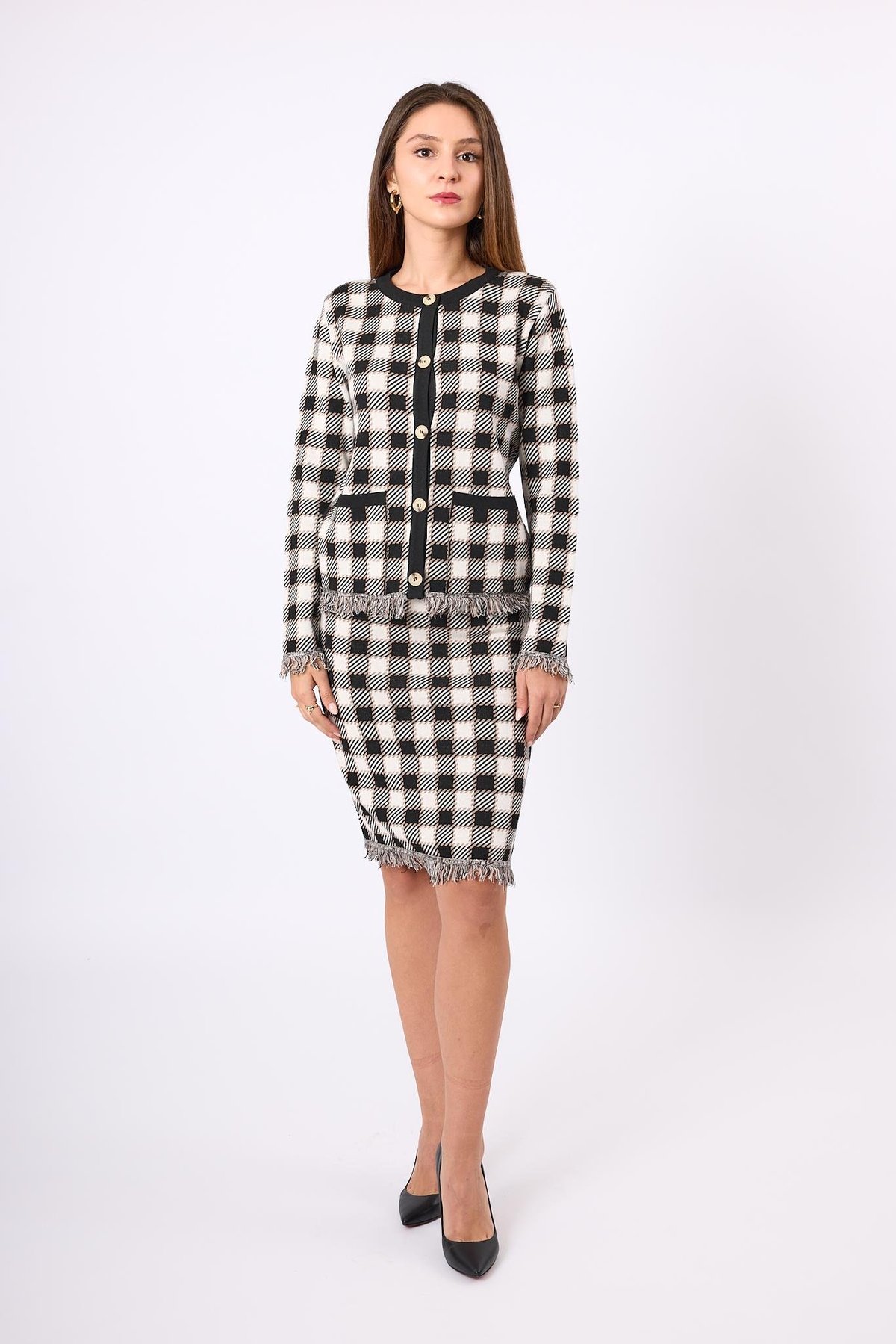 Peraluna Diana Pötikare Kadın Diz Üstü Triko Etek - Siyah/Ekru