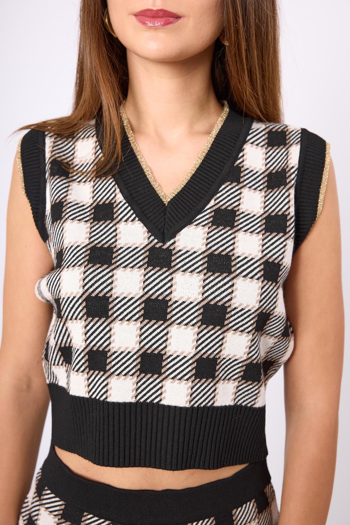 Peraluna Diana Pötikare Kadın Krop Kesim Triko Süveter - Siyah/Ekru