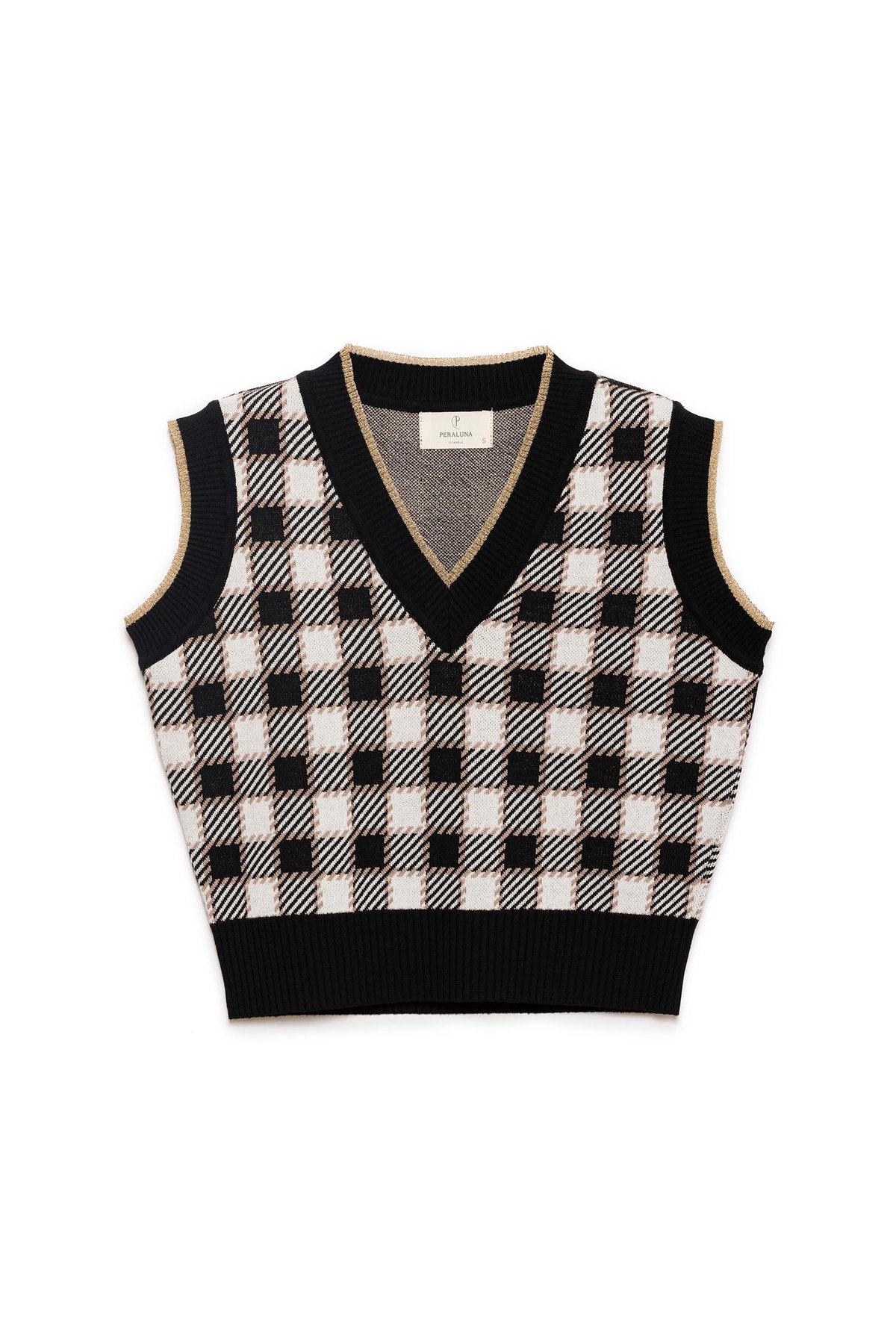 Peraluna Diana Pötikare Kadın Krop Kesim Triko Süveter - Siyah/Ekru