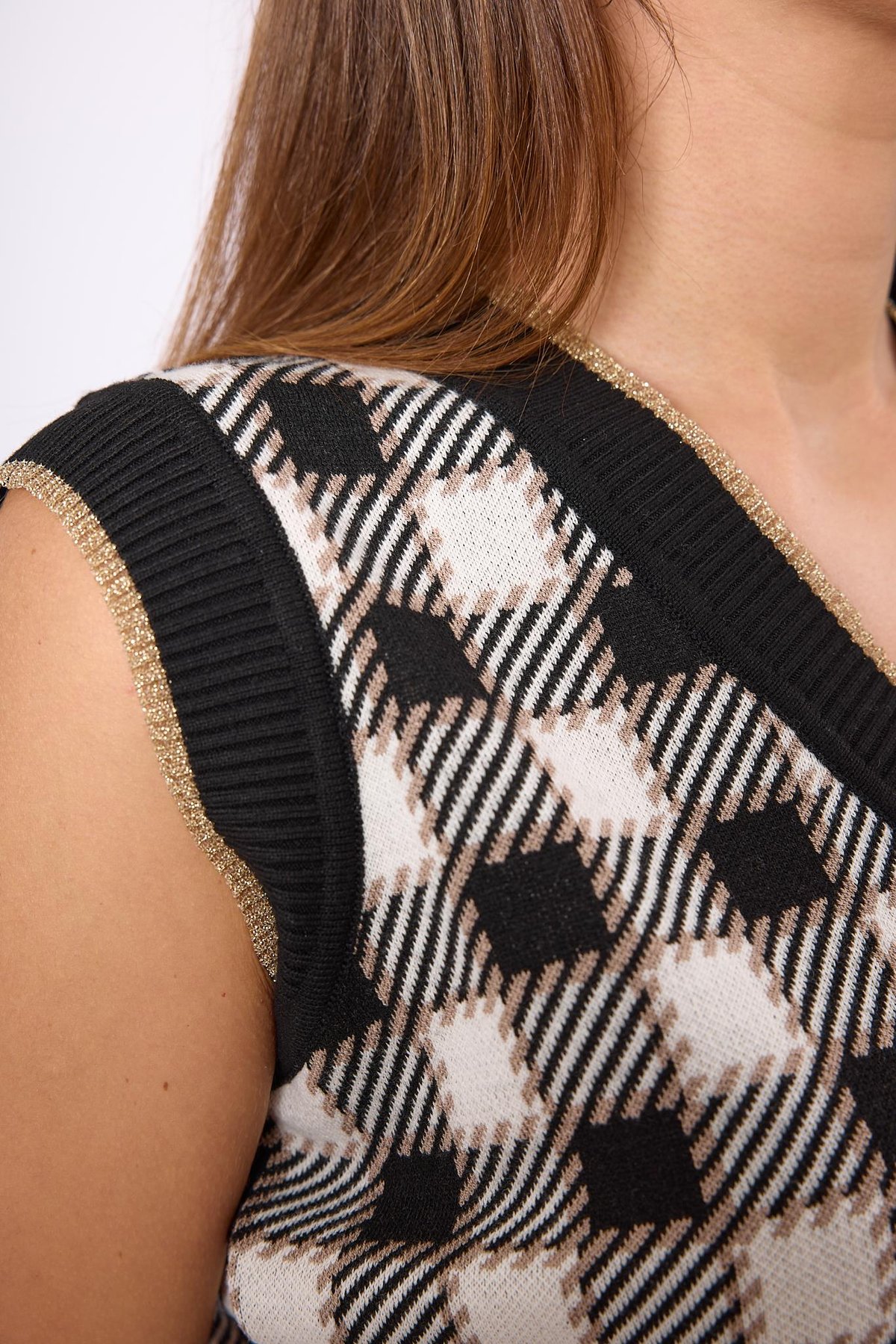 Peraluna Diana Pötikare Kadın Krop Kesim Triko Süveter - Siyah/Ekru