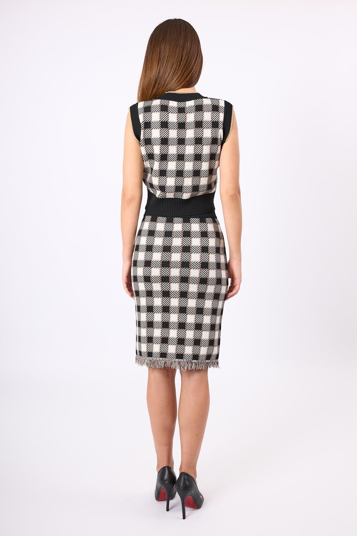 Peraluna Diana Pötikare Kadın Krop Kesim Triko Süveter - Siyah/Ekru