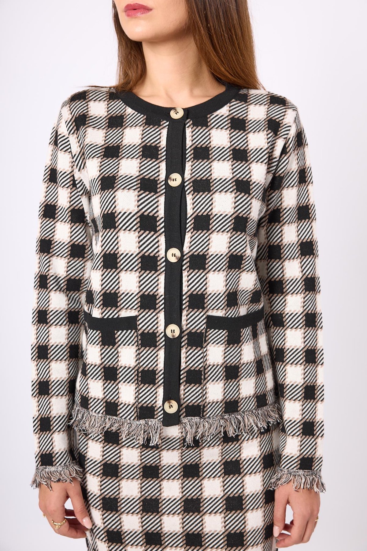 Peraluna Diana Pötikare Kadın Triko Ceket - Siyah/Ekru