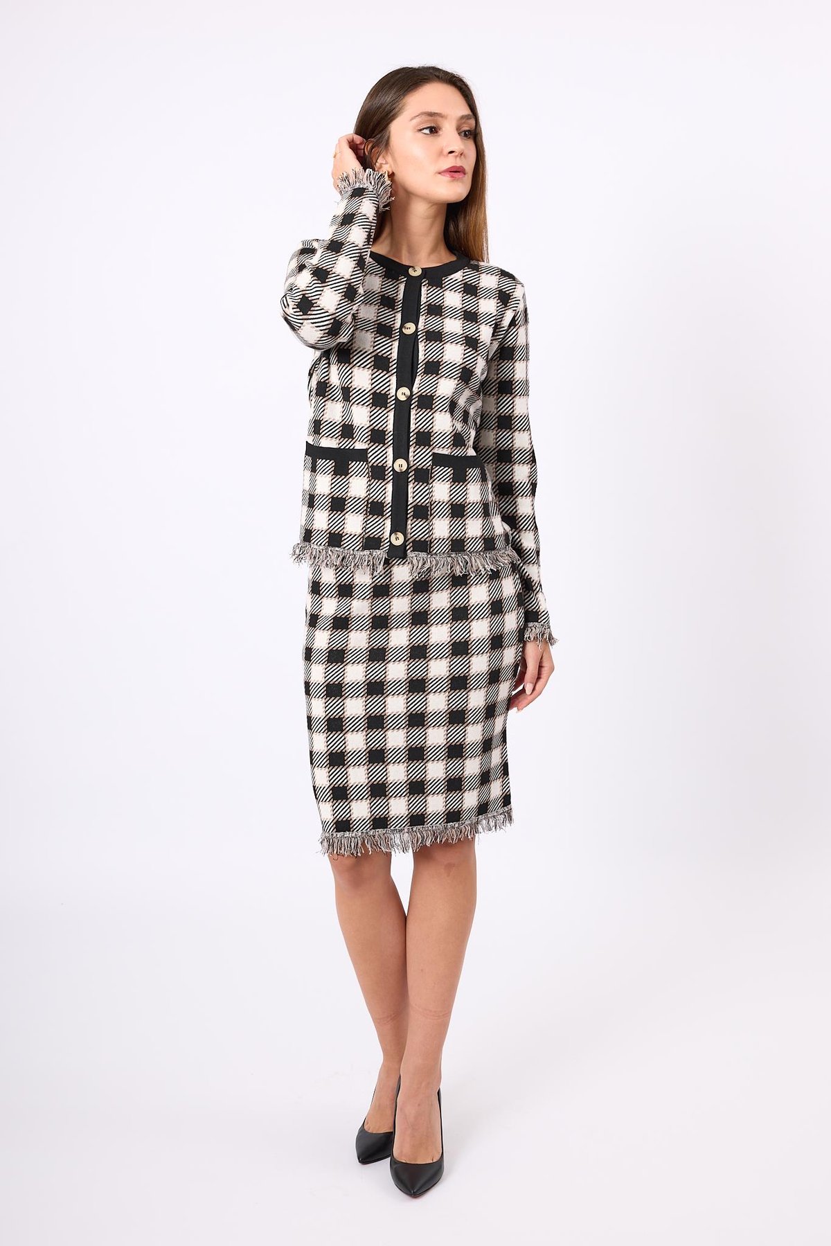 Peraluna Diana Pötikare Kadın Triko Ceket - Siyah/Ekru