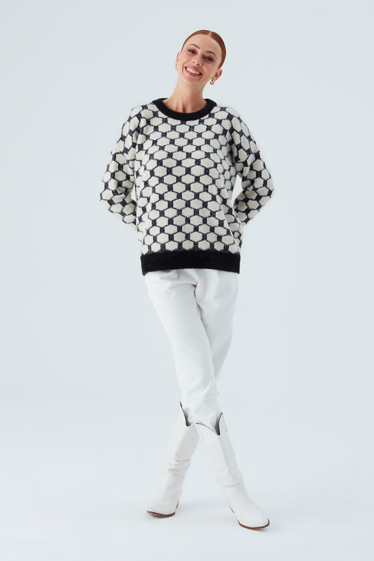 Peraluna DONNA PULLOVER Petek Desenli Kadın Triko Kazak Siyah/Ekru