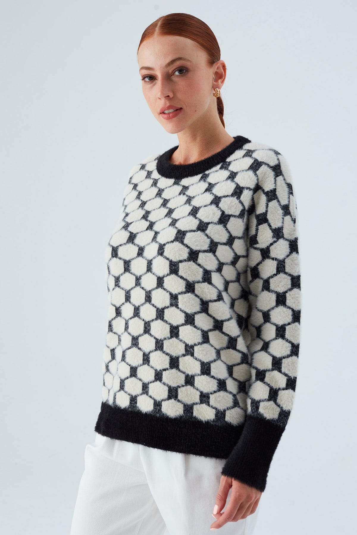 Peraluna DONNA PULLOVER Petek Desenli Kadın Triko Kazak Siyah/Ekru
