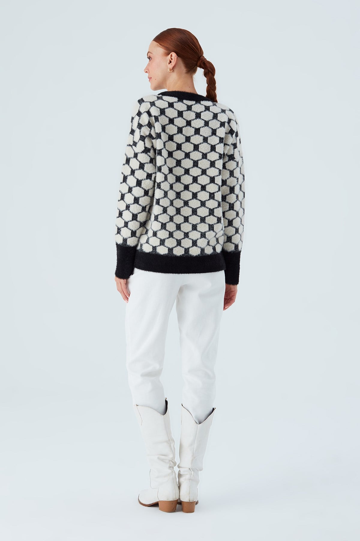 Peraluna DONNA PULLOVER Petek Desenli Kadın Triko Kazak Siyah/Ekru
