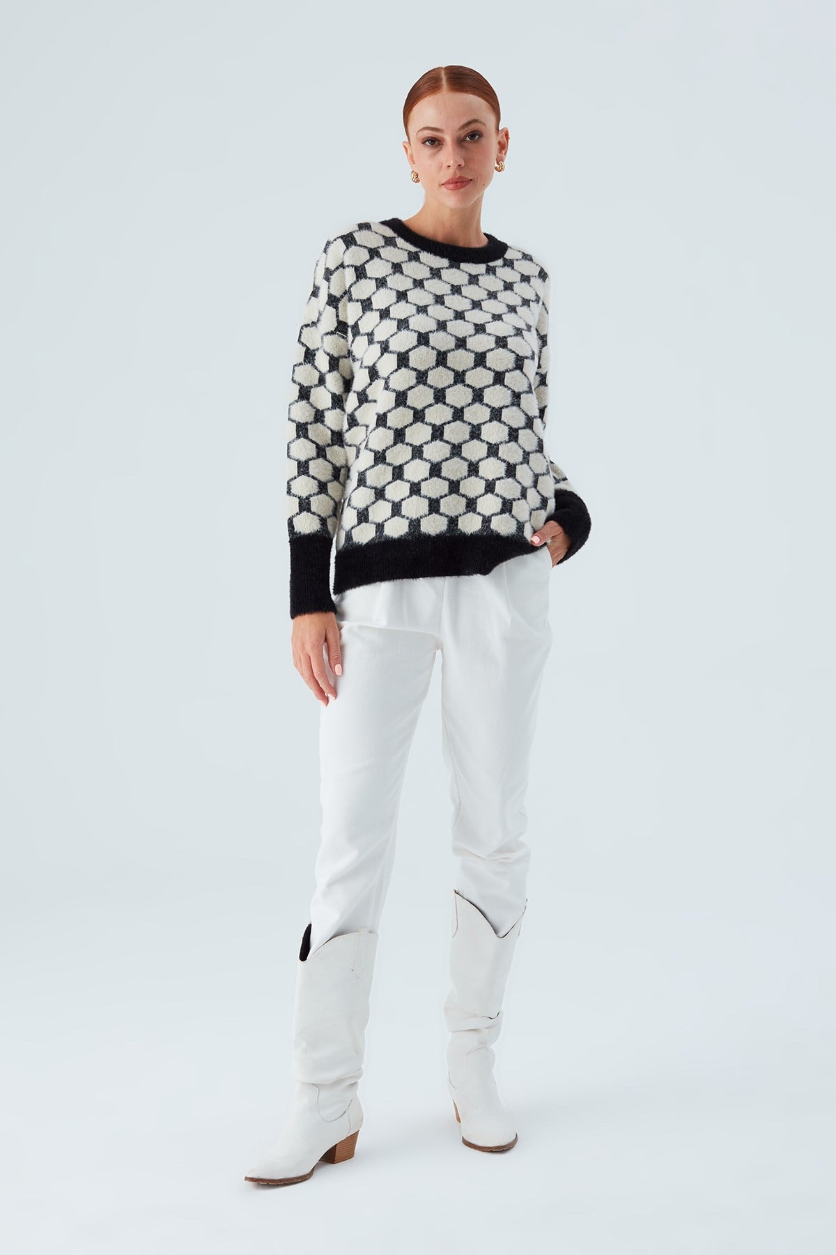 Peraluna DONNA PULLOVER Petek Desenli Kadın Triko Kazak Siyah/Ekru