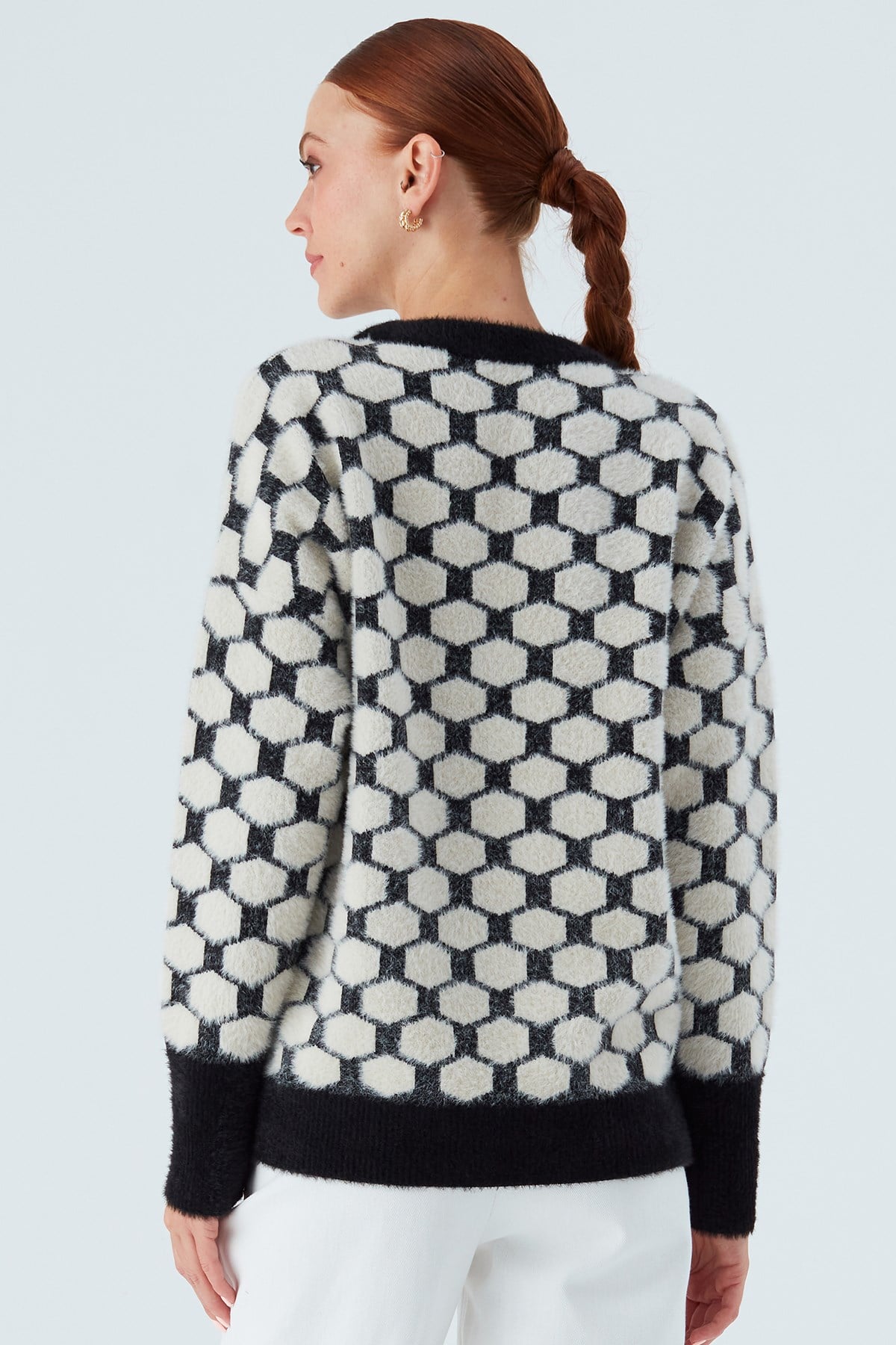 Peraluna DONNA PULLOVER Petek Desenli Kadın Triko Kazak Siyah/Ekru