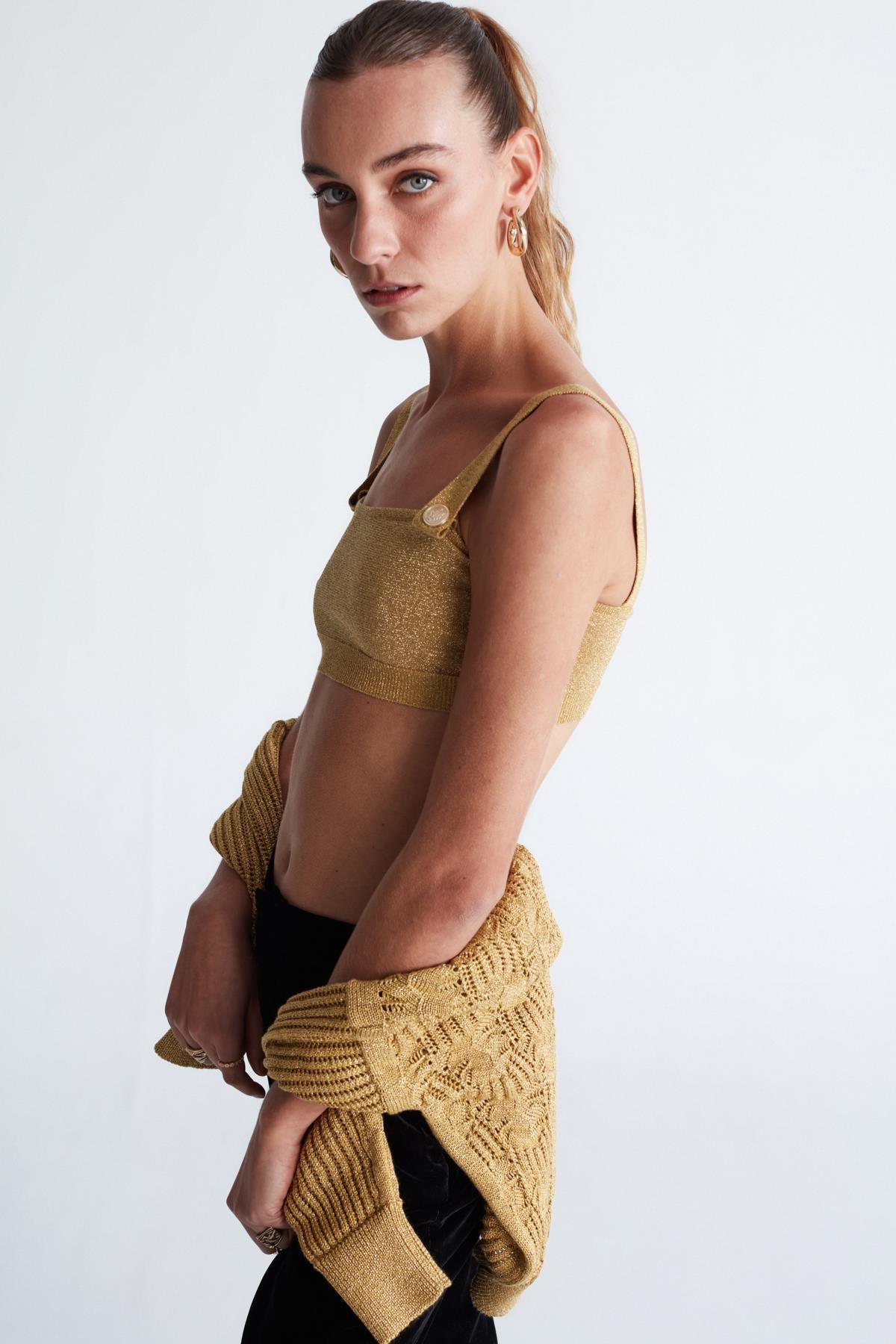 Peraluna DORIS BRALET Düğme Detaylı Askılı Simli Kadın Triko Bralet Altın