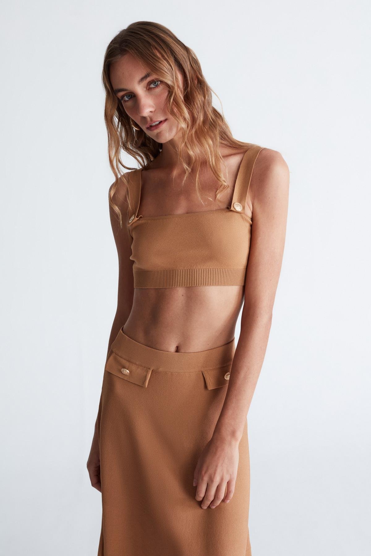 Peraluna ELIZABETH BRALET Düğme Detaylı Askılı Kadın Triko Bralet Camel