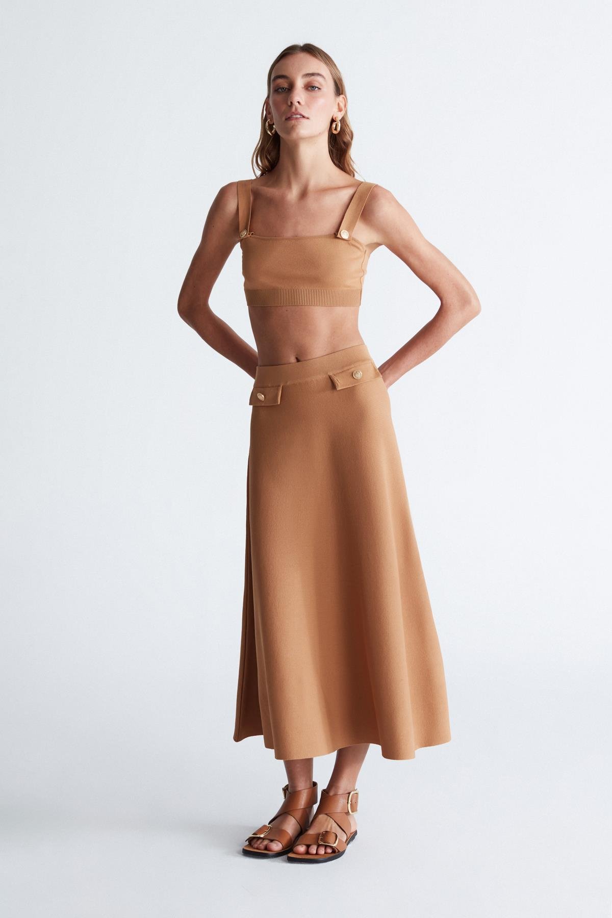 Peraluna ELIZABETH BRALET Düğme Detaylı Askılı Kadın Triko Bralet Camel