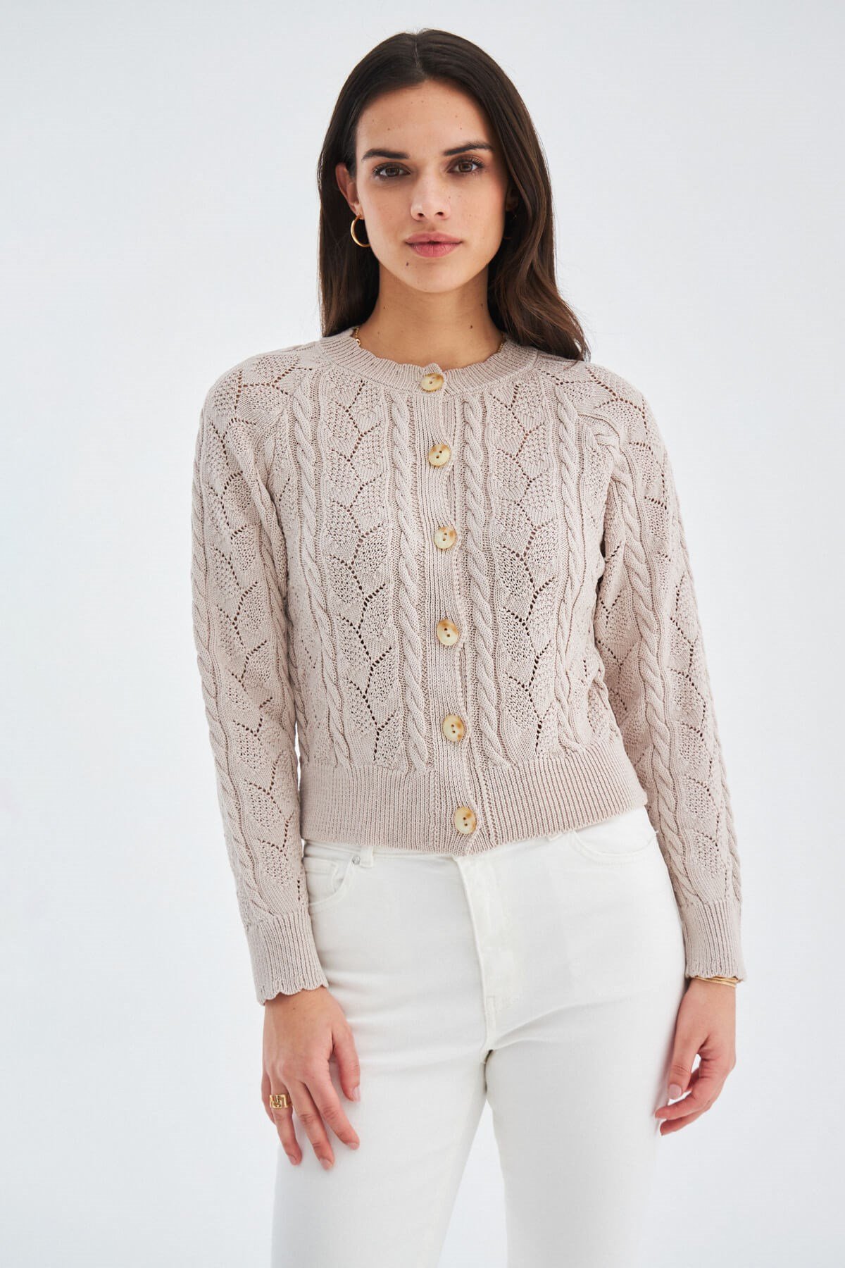 Peraluna ELLA CARDIGAN Ajur Detaylı Yazlık Düğmeli Kadın Triko Hırka Bej