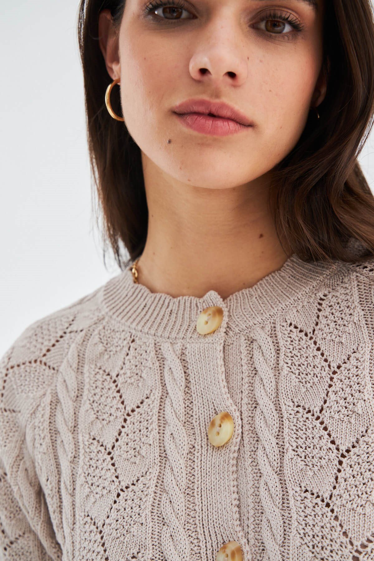 Peraluna ELLA CARDIGAN Ajur Detaylı Yazlık Düğmeli Kadın Triko Hırka Bej