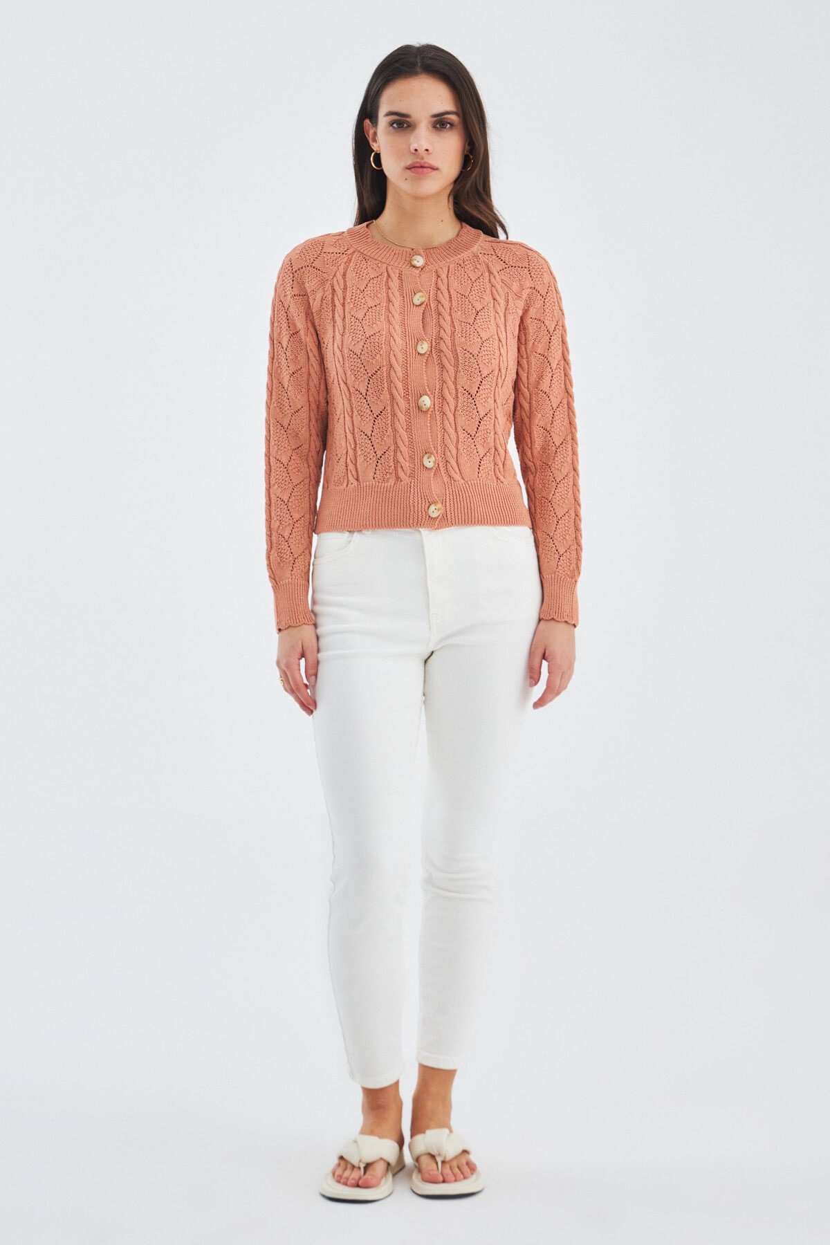 Peraluna ELLA CARDIGAN Openwork Detailed Summer Button Women's Knitwear Cardigan - Salmon