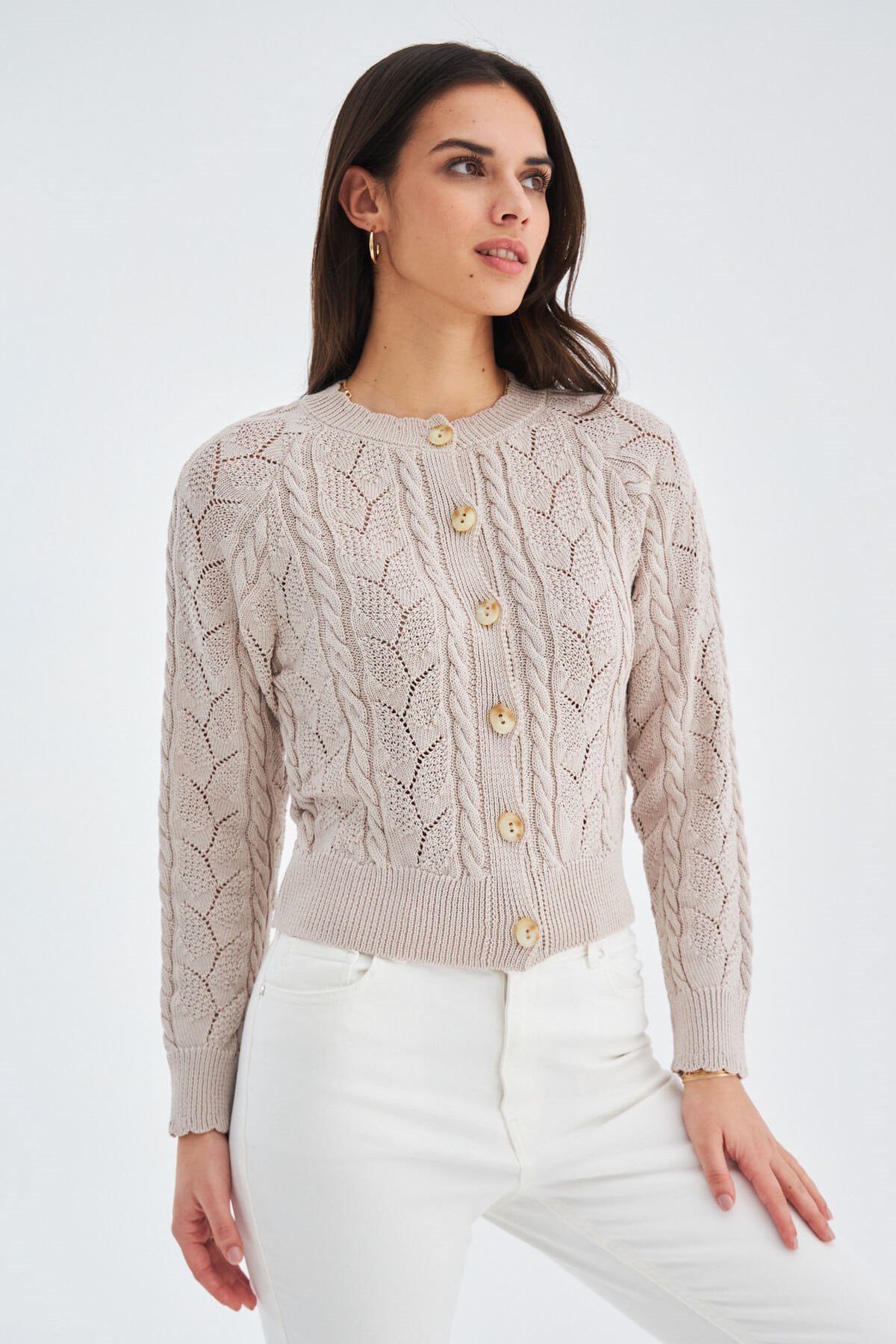 Peraluna ELLA CARDIGAN Ajur Detaylı Yazlık Düğmeli Kadın Triko Hırka Bej