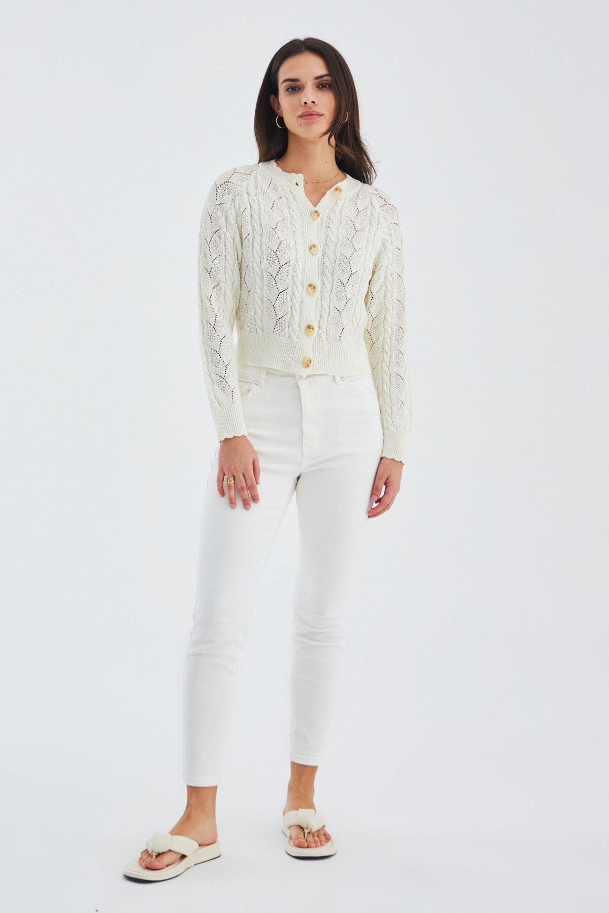 Peraluna ELLA CARDIGAN Openwork Detailed Summer Button Women's Knitwear Cardigan - Ecru