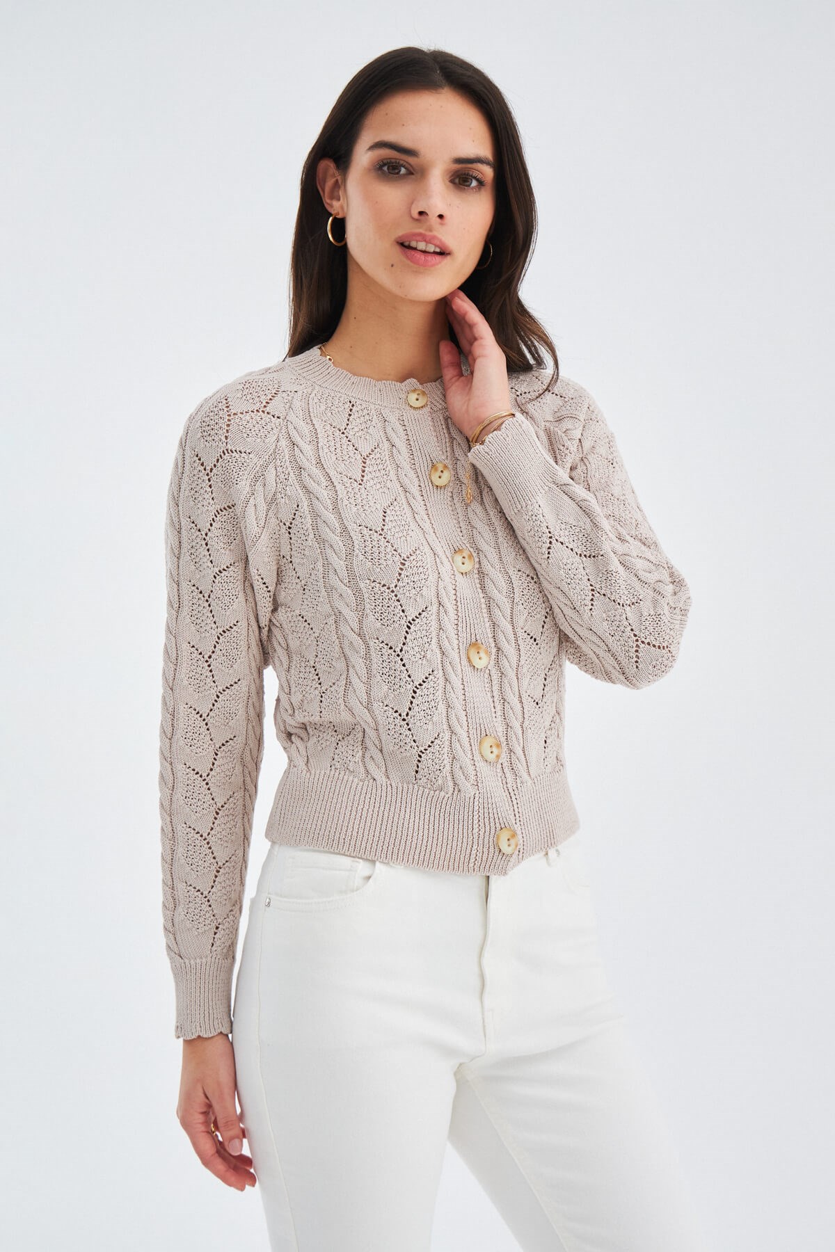 Peraluna ELLA CARDIGAN Ajur Detaylı Yazlık Düğmeli Kadın Triko Hırka Bej