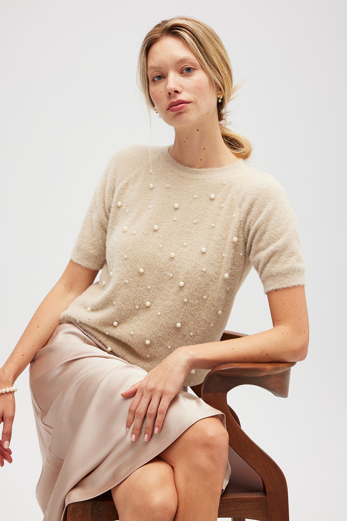 Peraluna Emilia Kadın Triko İnci Süslemeli Bluz - Bej