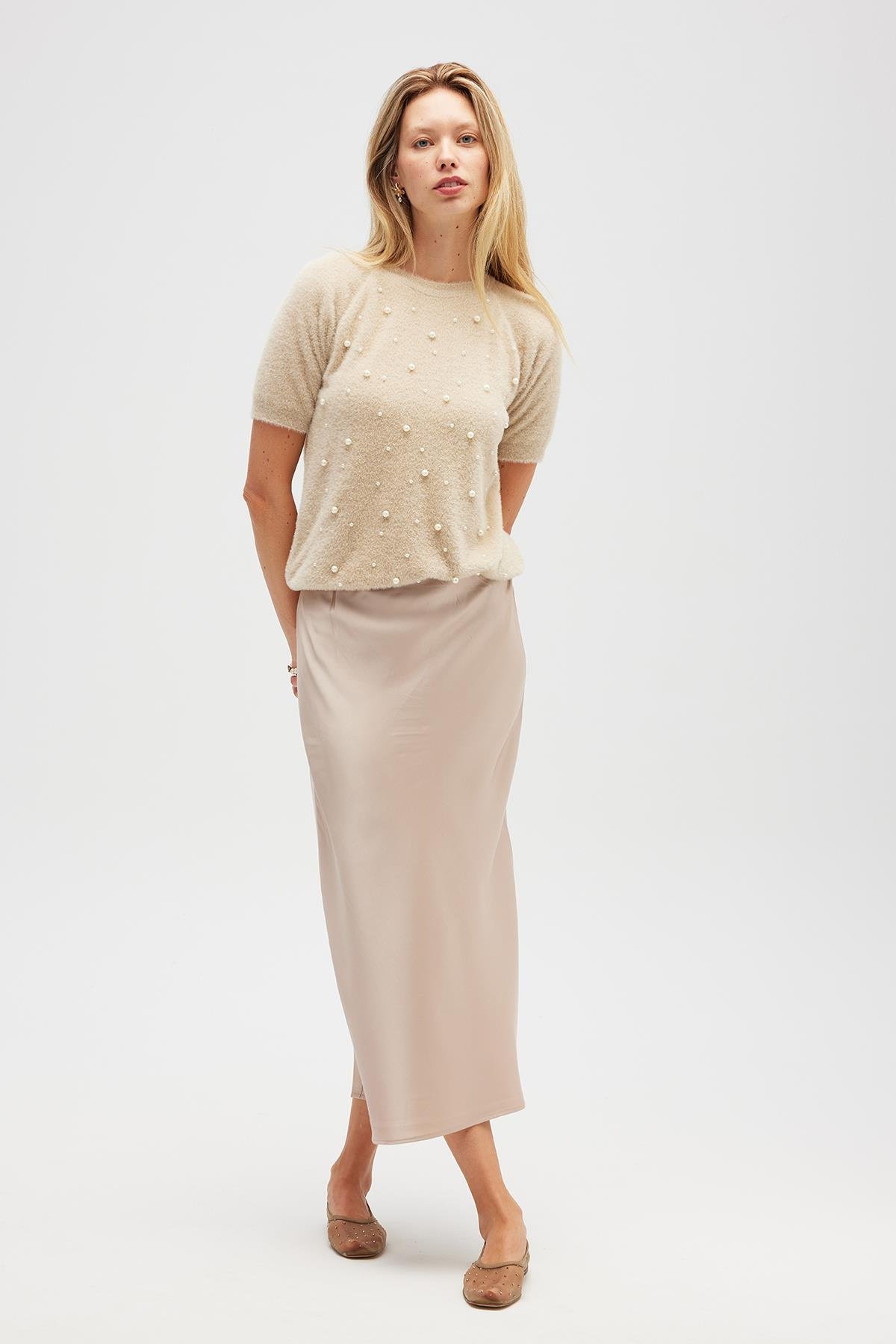 Peraluna Emilia Kadın Triko İnci Süslemeli Bluz - Bej