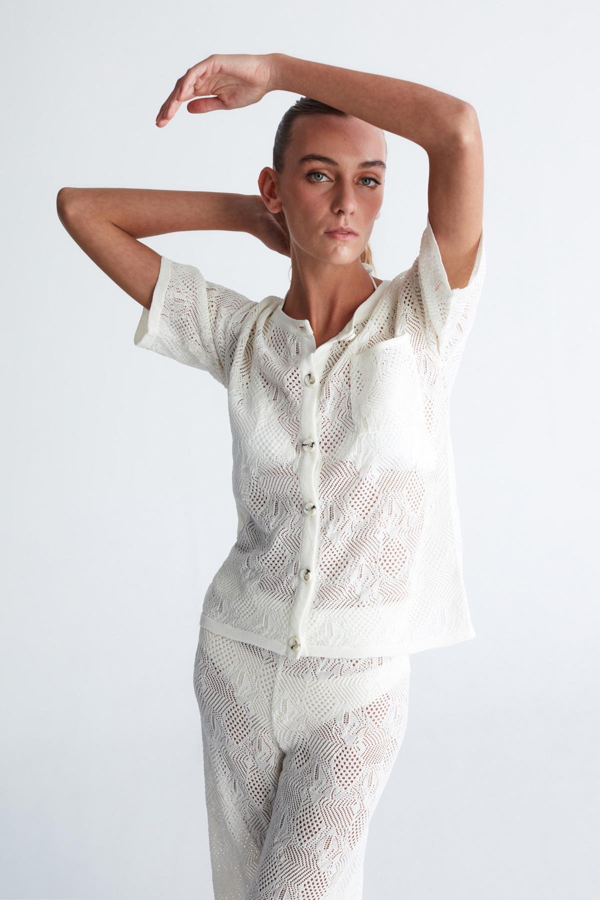 Peraluna EMMA JACKET Dantel Örgü Geniş Kesim Kısa Kol Kadın Triko Ceket Ekru