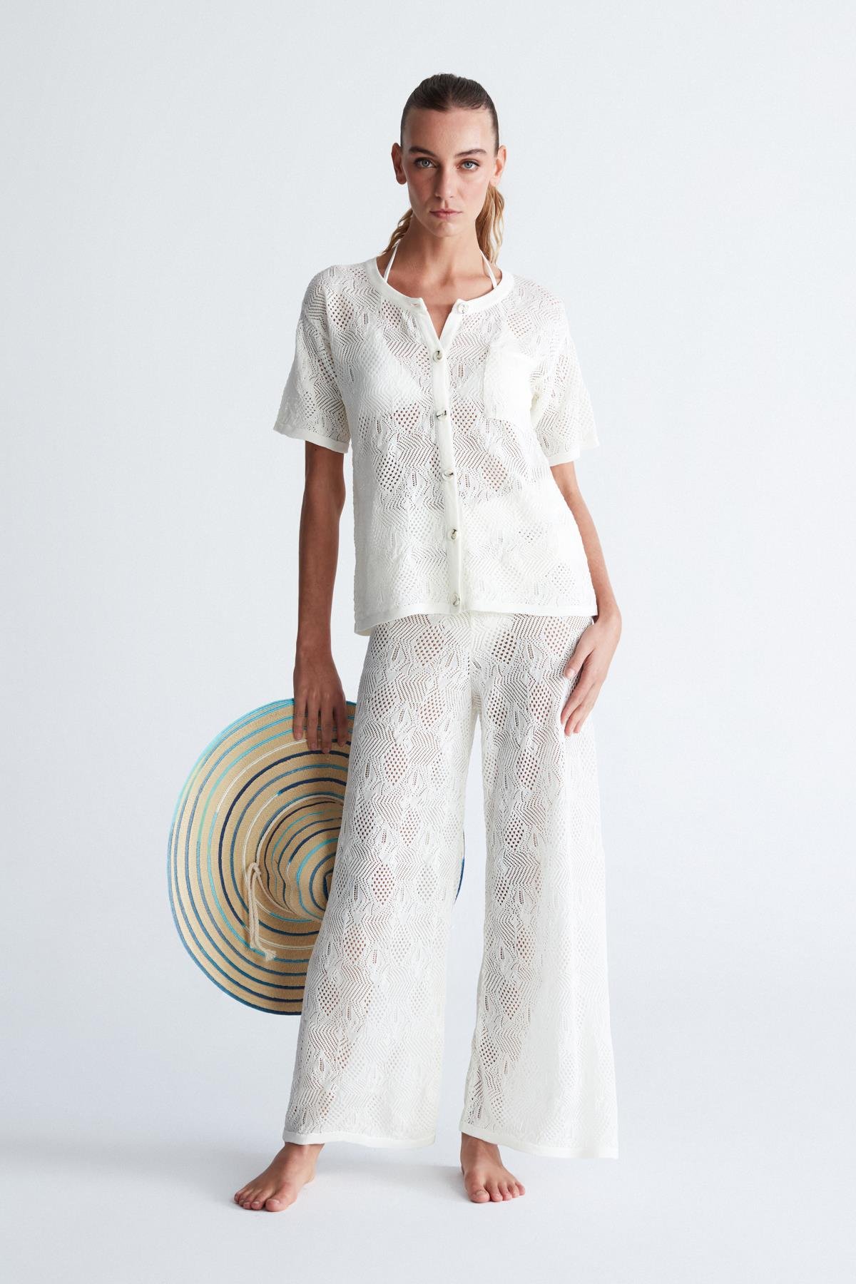 Peraluna EMMA JACKET Dantel Örgü Geniş Kesim Kısa Kol Kadın Triko Ceket Ekru