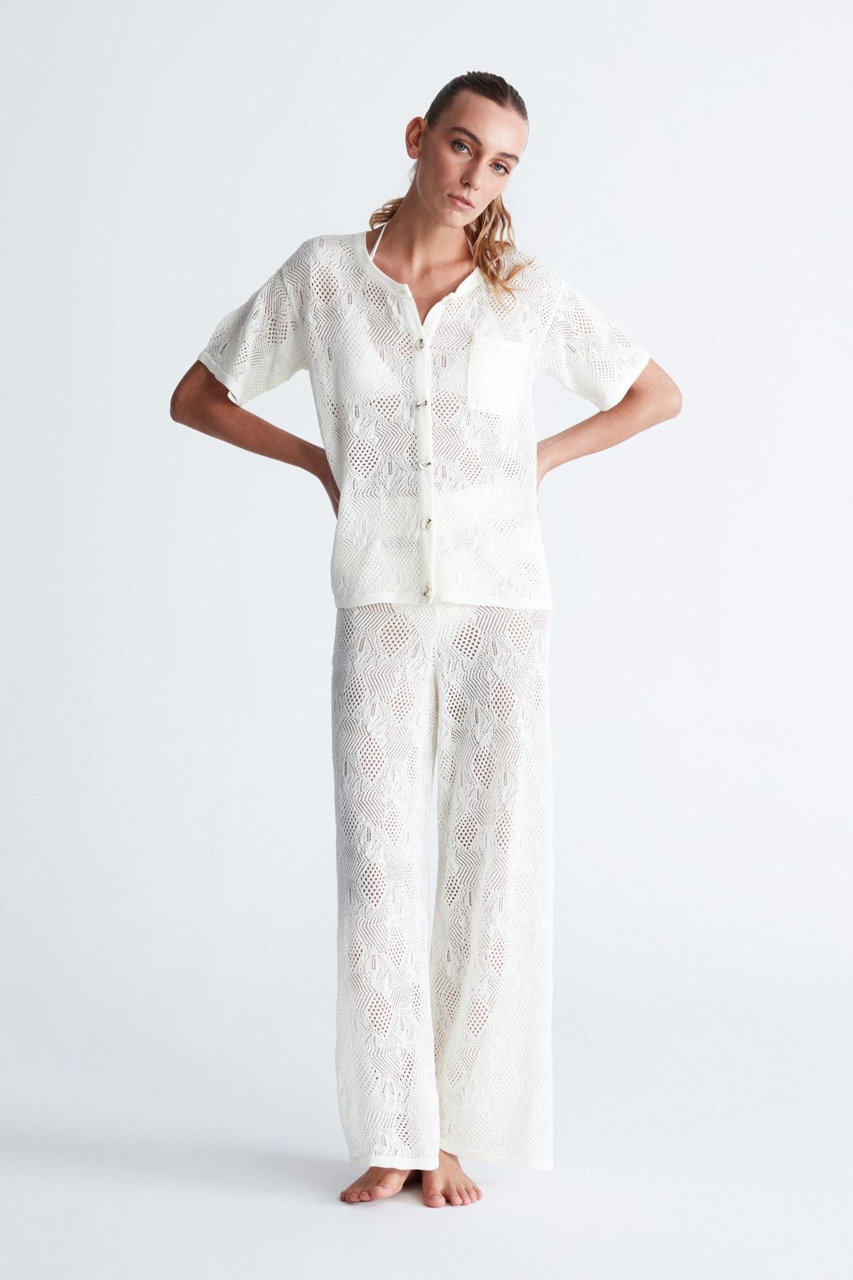 Peraluna EMMA JACKET Dantel Örgü Geniş Kesim Kısa Kol Kadın Triko Ceket Ekru