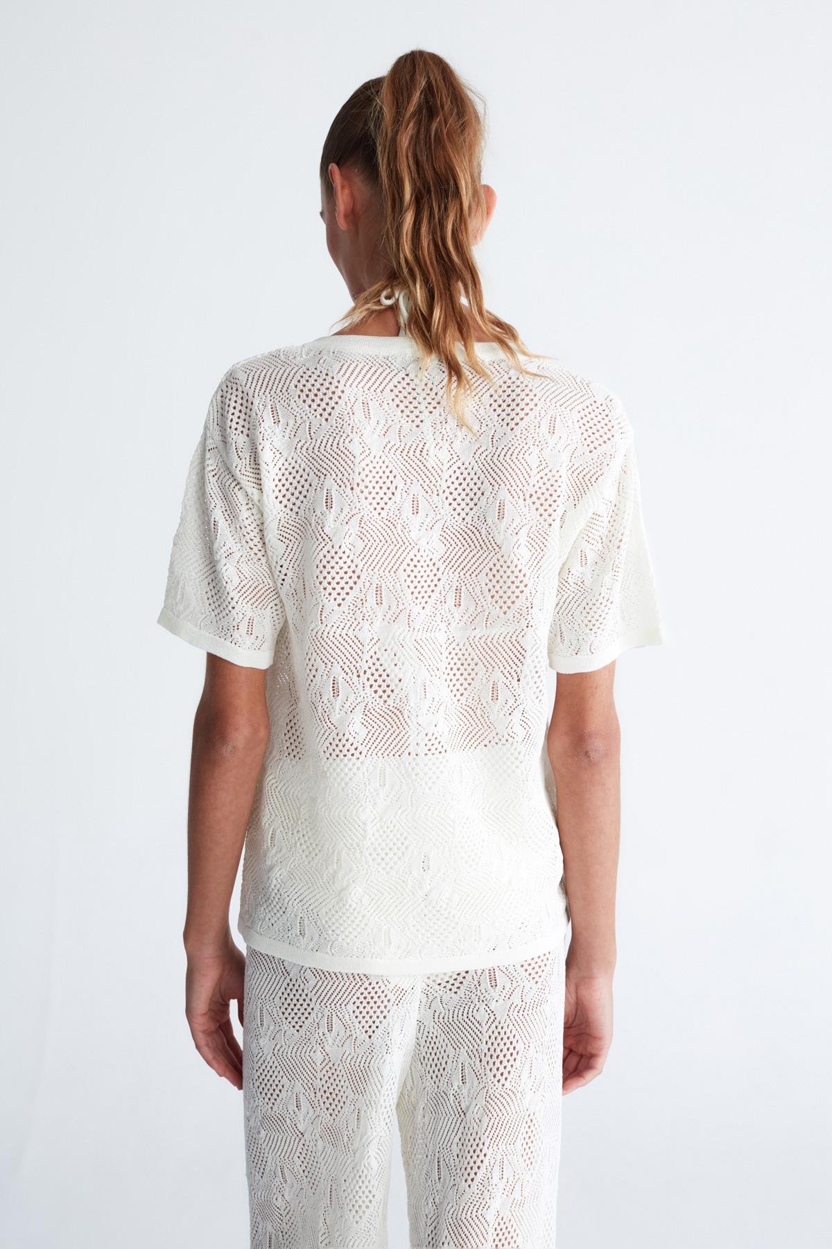 Peraluna EMMA JACKET Dantel Örgü Geniş Kesim Kısa Kol Kadın Triko Ceket Ekru