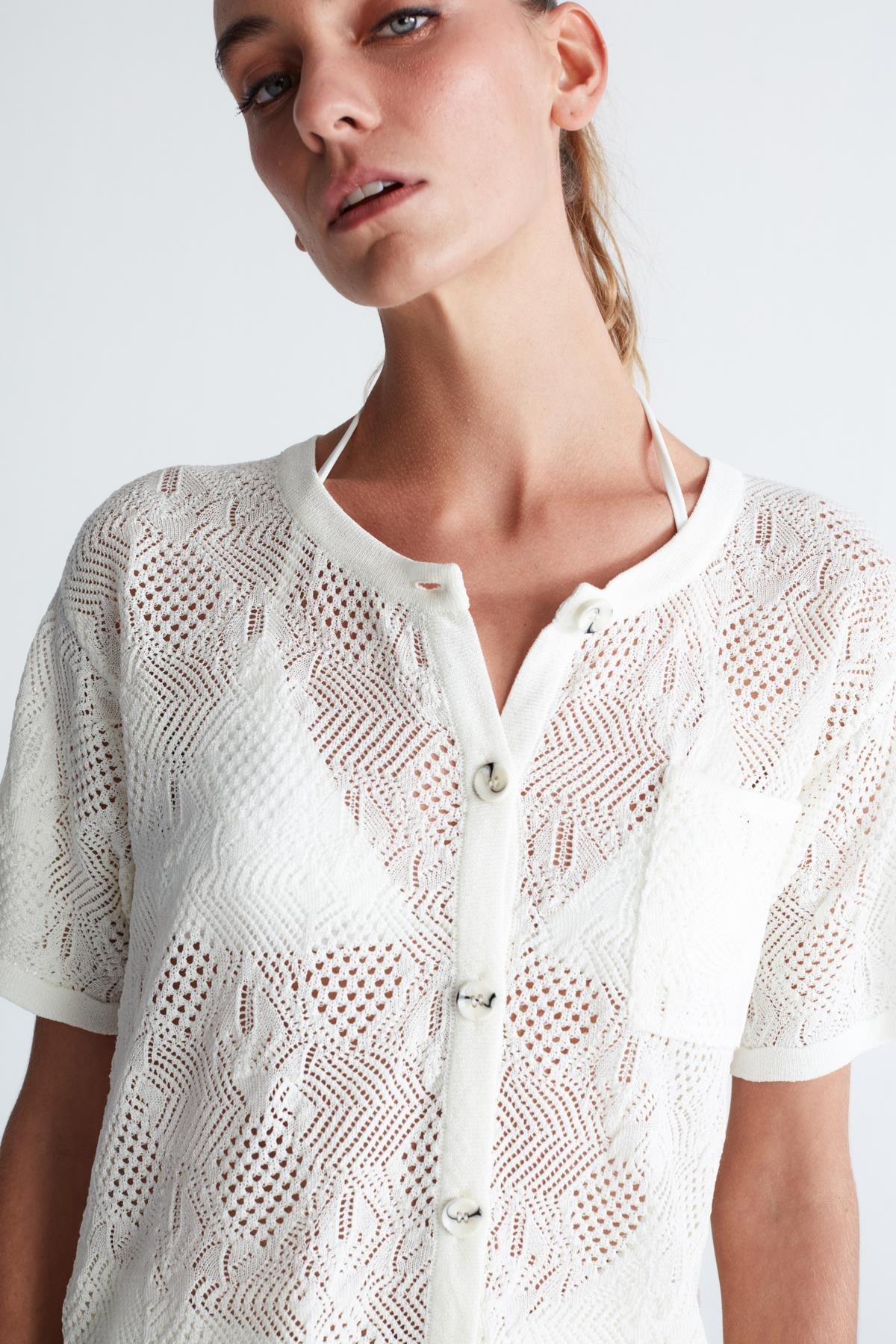 Peraluna EMMA JACKET Dantel Örgü Geniş Kesim Kısa Kol Kadın Triko Ceket Ekru