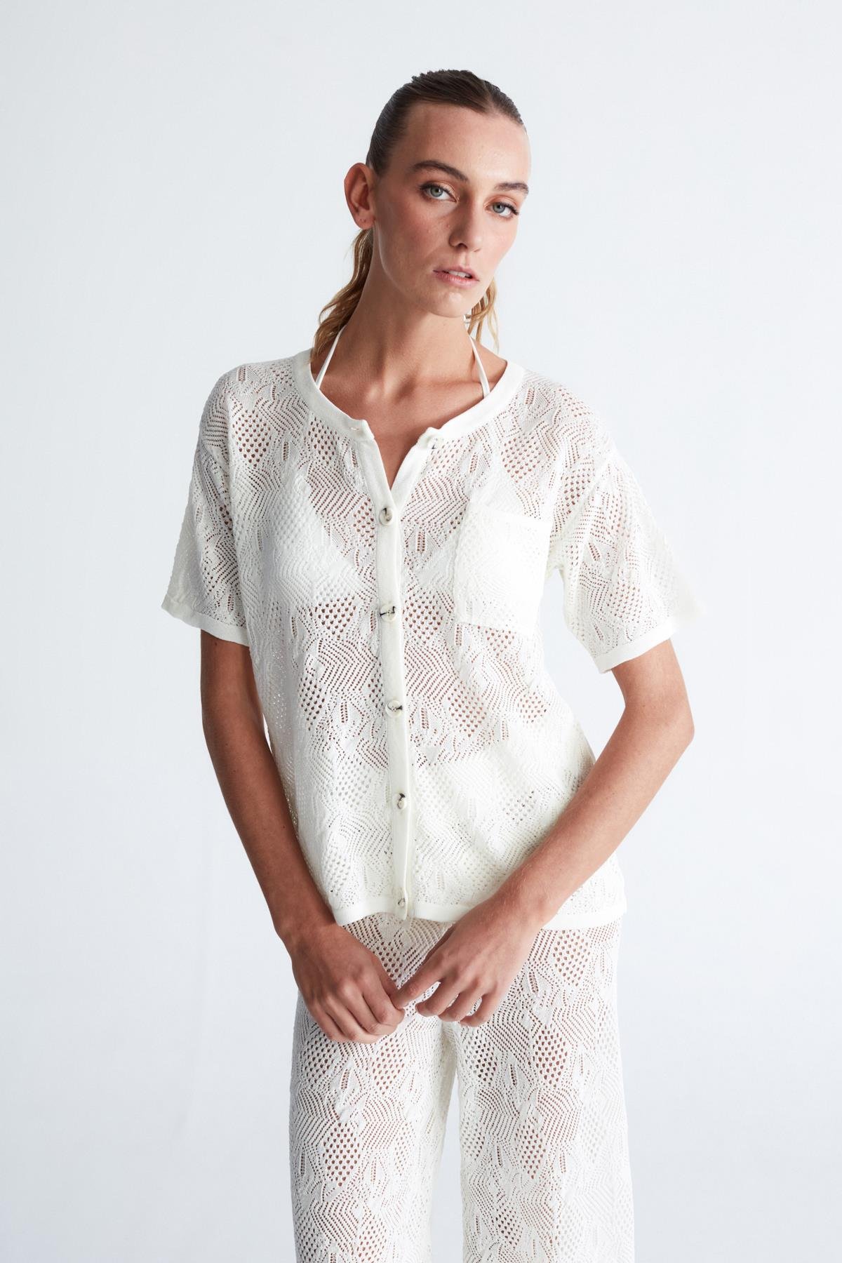 Peraluna EMMA JACKET Dantel Örgü Geniş Kesim Kısa Kol Kadın Triko Ceket Ekru