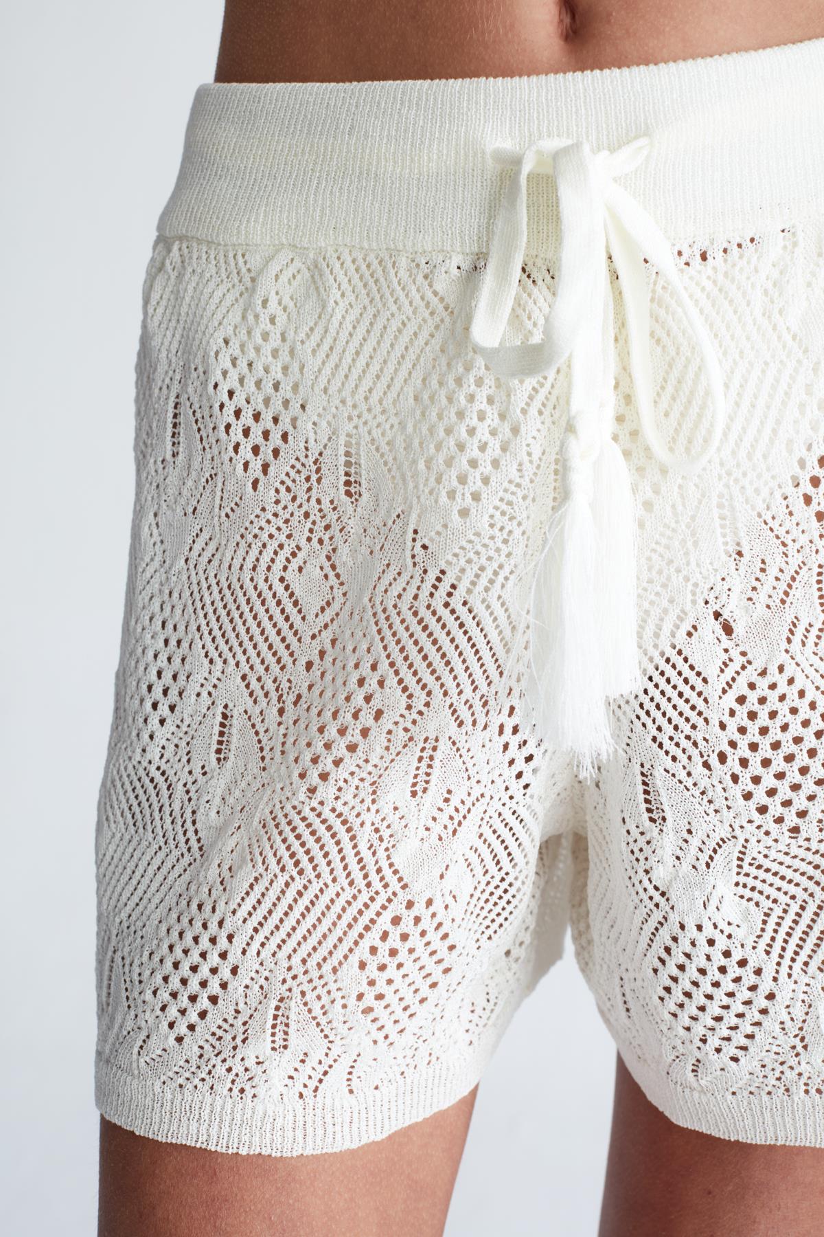Peraluna EMMA SHORTS Dantel Örgü Beli Lastikli Mini Kadın Triko Şort Ekru