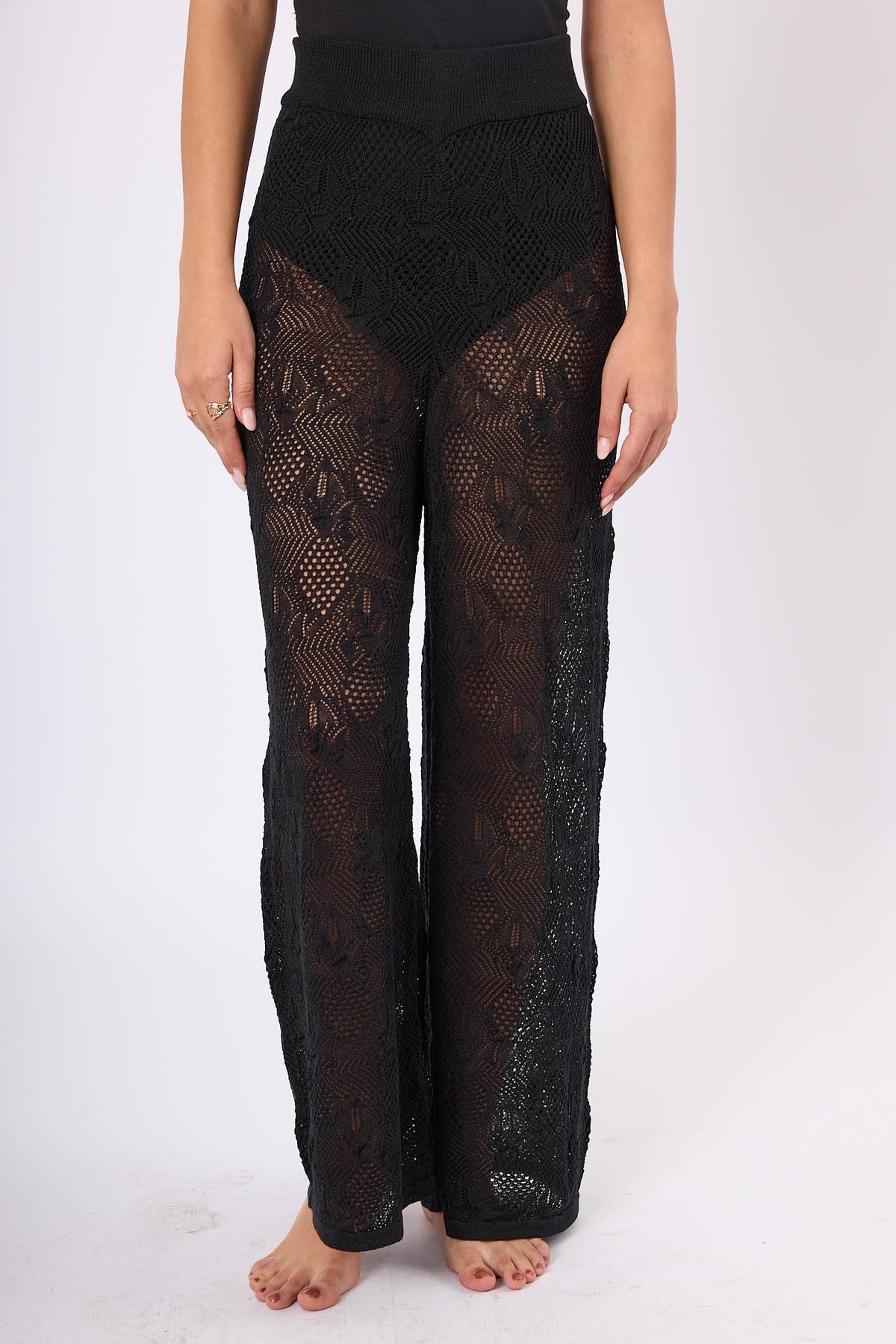 Peraluna EMMA TROUSER Dantel Desen Örgülü Geniş Midi Boy Kadın Triko Pantolon - Siyah