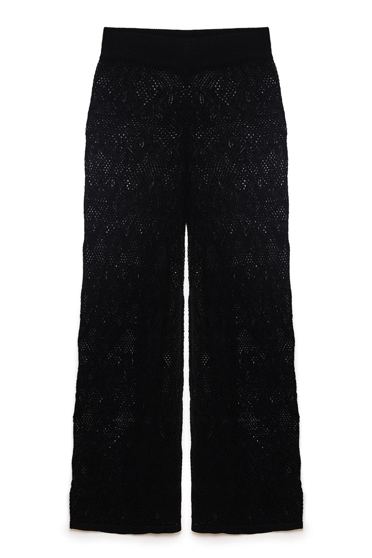 Peraluna EMMA TROUSER Dantel Desen Örgülü Geniş Midi Boy Kadın Triko Pantolon - Siyah