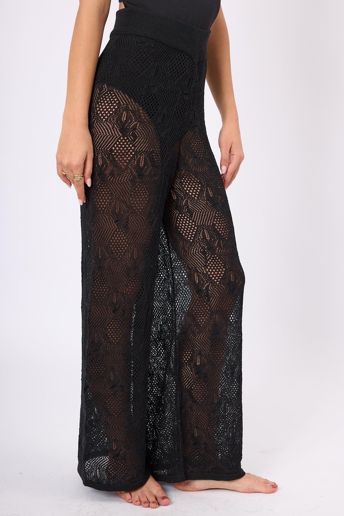 Peraluna EMMA TROUSER Dantel Desen Örgülü Geniş Midi Boy Kadın Triko Pantolon - Siyah