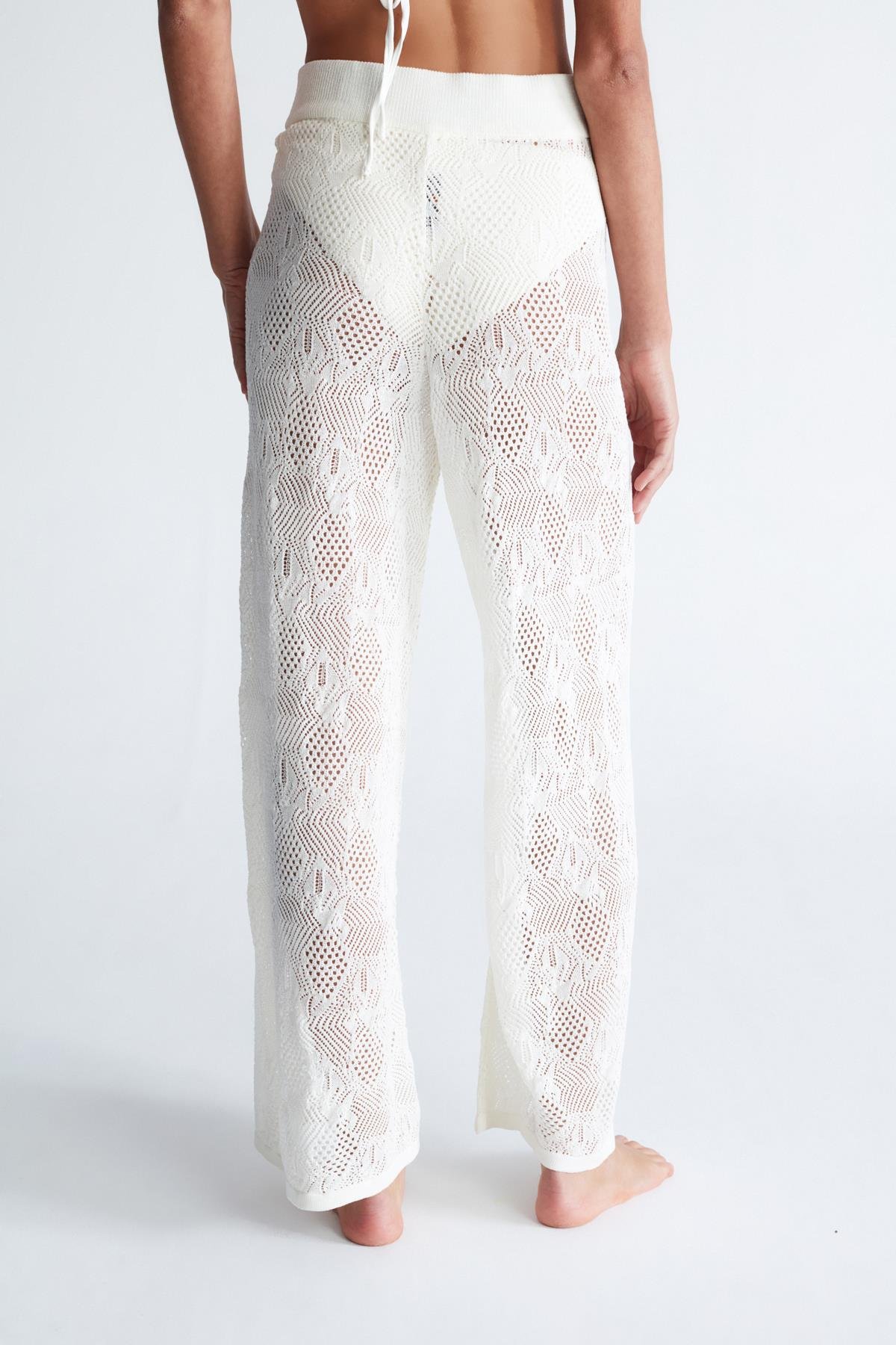 Peraluna EMMA TROUSER Dantel Desen Örgülü Geniş Midi Boy Kadın Triko Pantolon Ekru