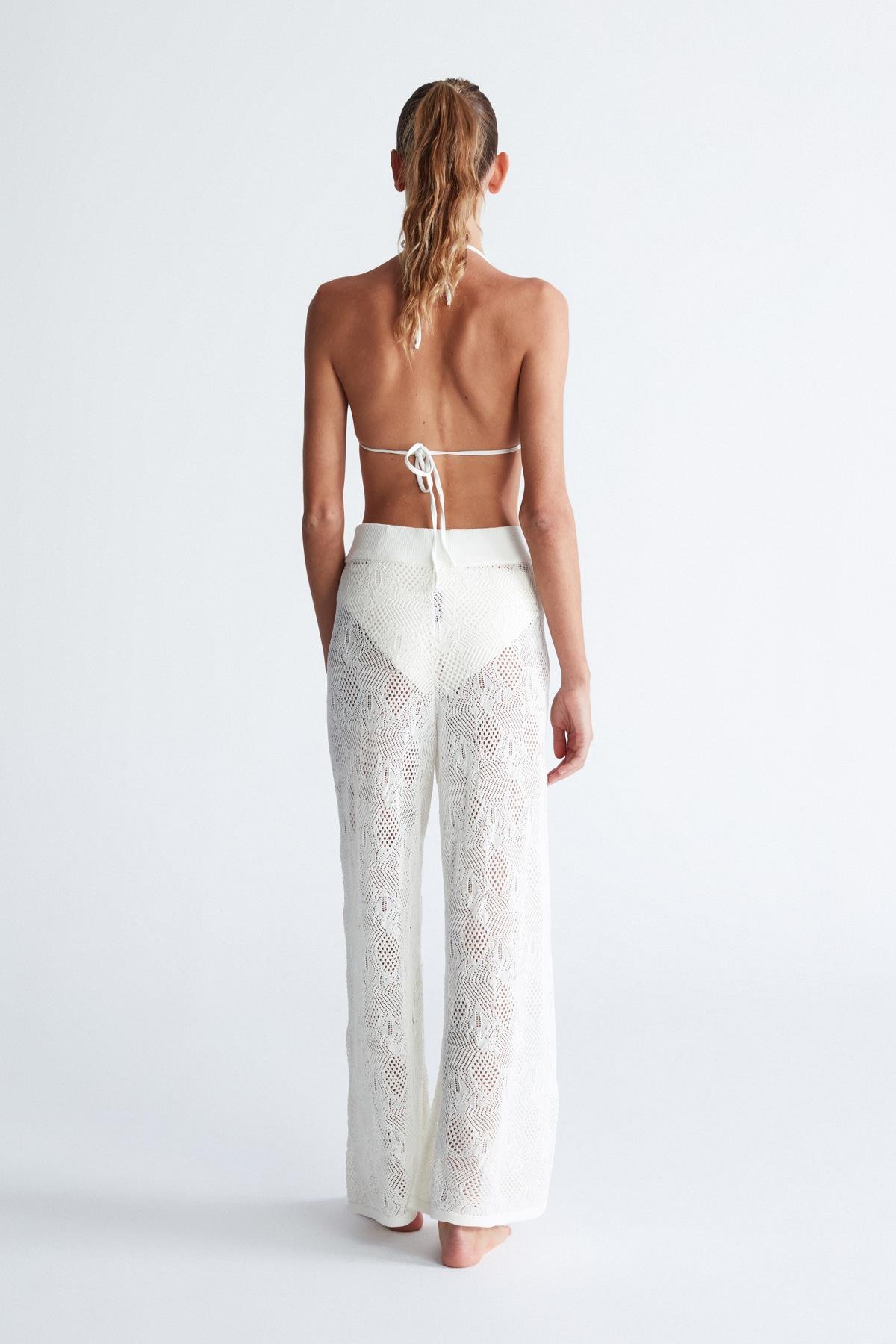 Peraluna EMMA TROUSER Dantel Desen Örgülü Geniş Midi Boy Kadın Triko Pantolon Ekru