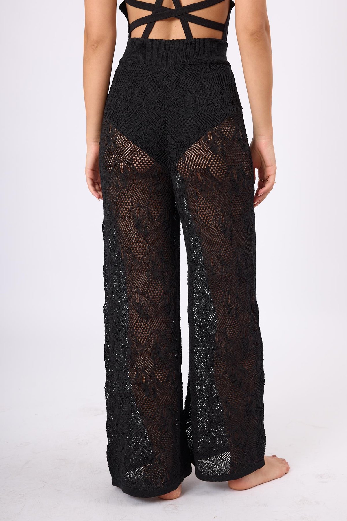 Peraluna EMMA TROUSER Dantel Desen Örgülü Geniş Midi Boy Kadın Triko Pantolon - Siyah