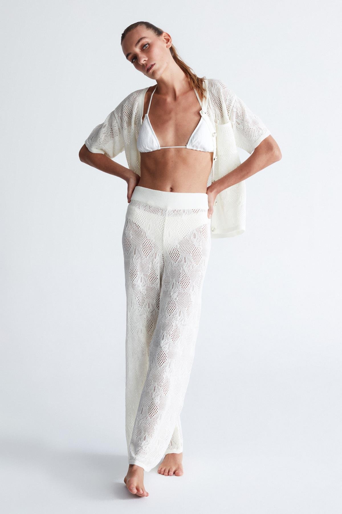 Peraluna EMMA TROUSER Dantel Desen Örgülü Geniş Midi Boy Kadın Triko Pantolon Ekru