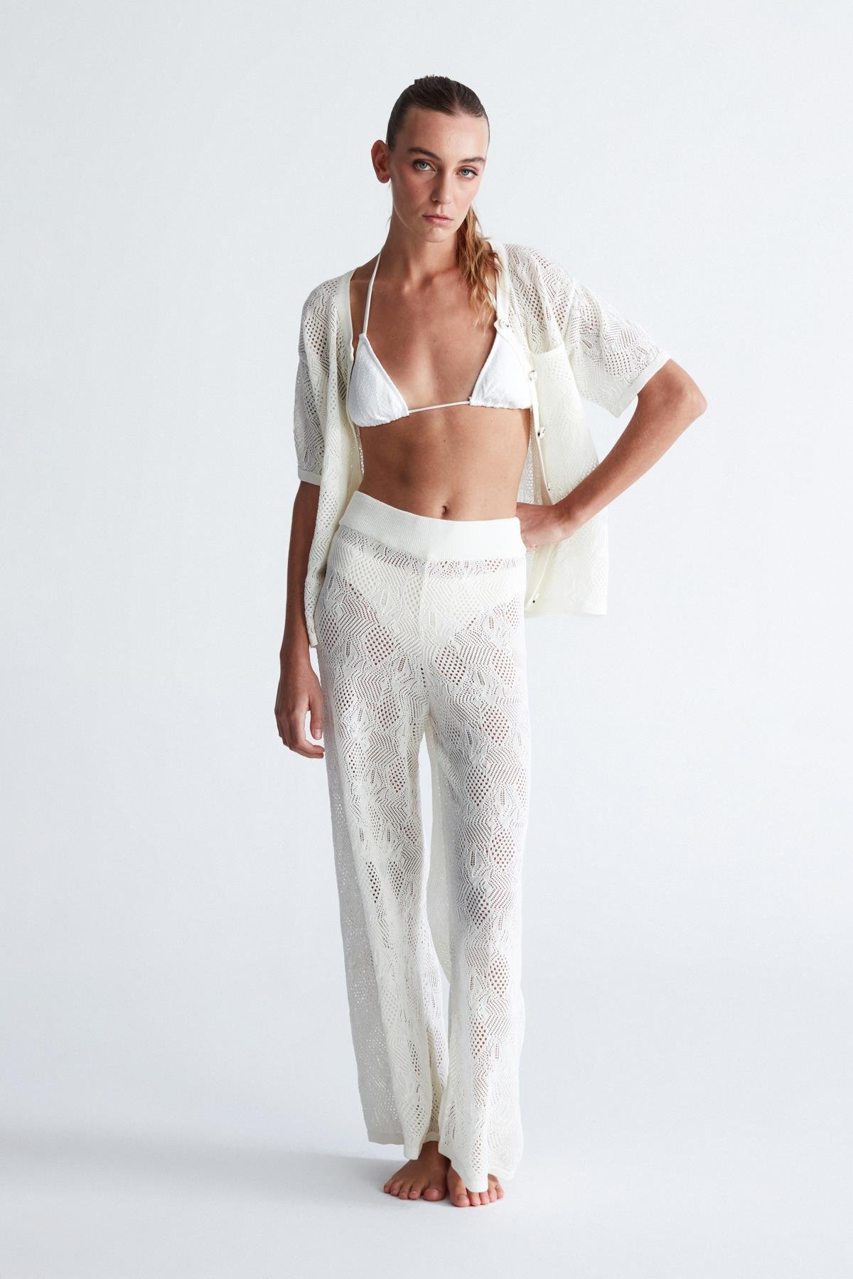 Peraluna EMMA TROUSER Dantel Desen Örgülü Geniş Midi Boy Kadın Triko Pantolon Ekru
