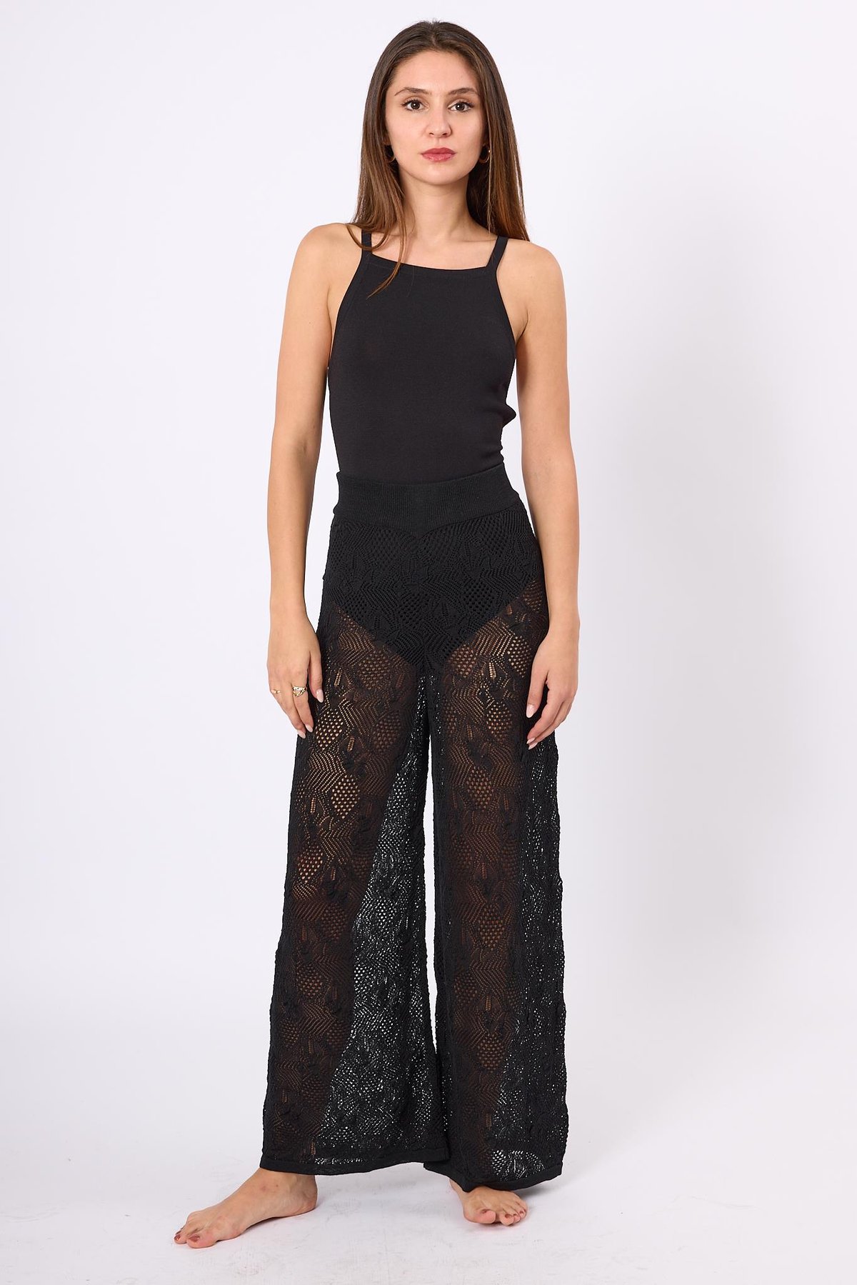 Peraluna EMMA TROUSER Dantel Desen Örgülü Geniş Midi Boy Kadın Triko Pantolon - Siyah
